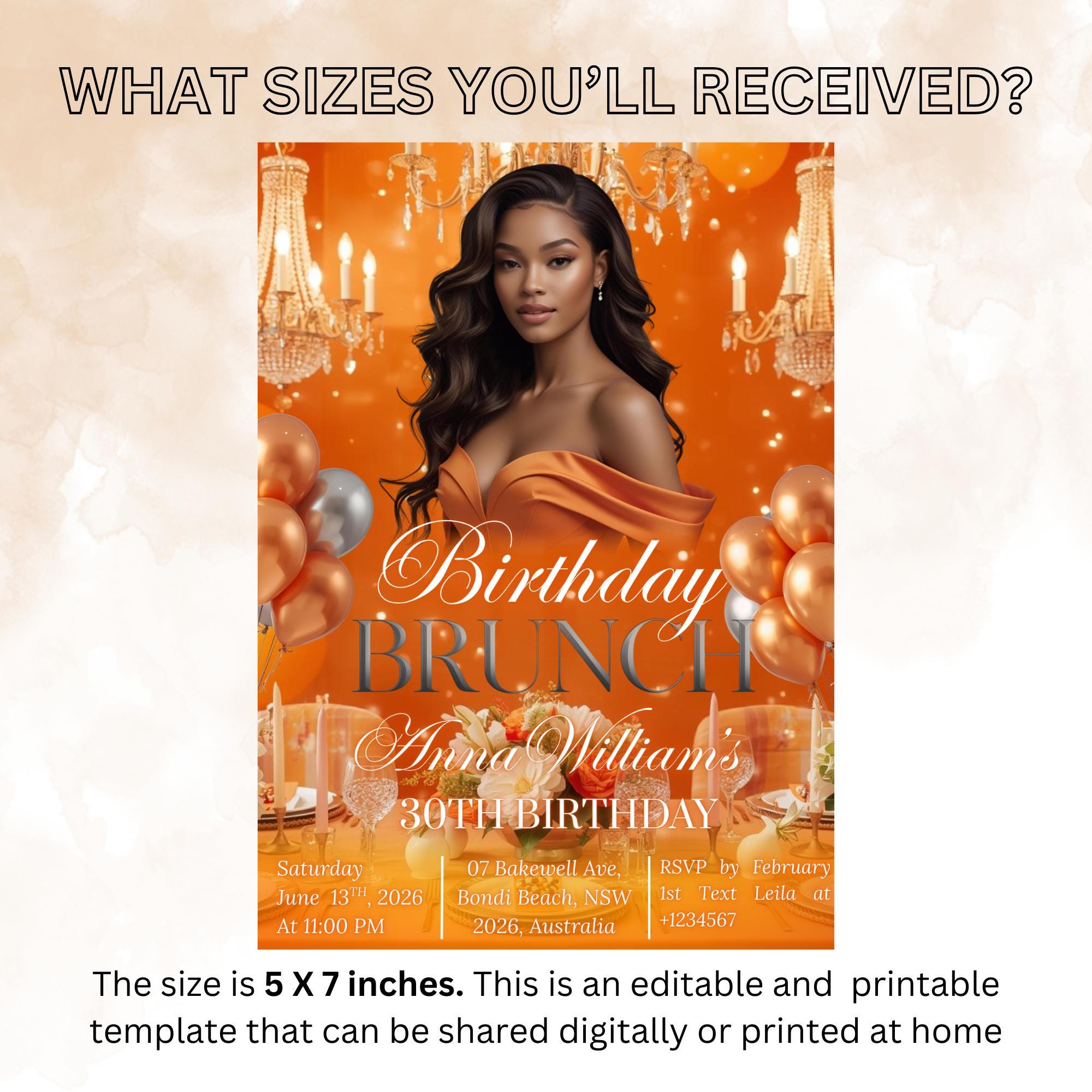 Orange Birthday Brunch Invitation with photo, Brunch and Bubbly invite, Woman Elegant Party invite, Retirement Brunch, Let's Brunch Template