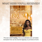 Yellow Gold Birthday Brunch Invitation with photo, Brunch and Bubbly invite, Woman Elegant Party invite,  Retirement Brunch Flyer Template