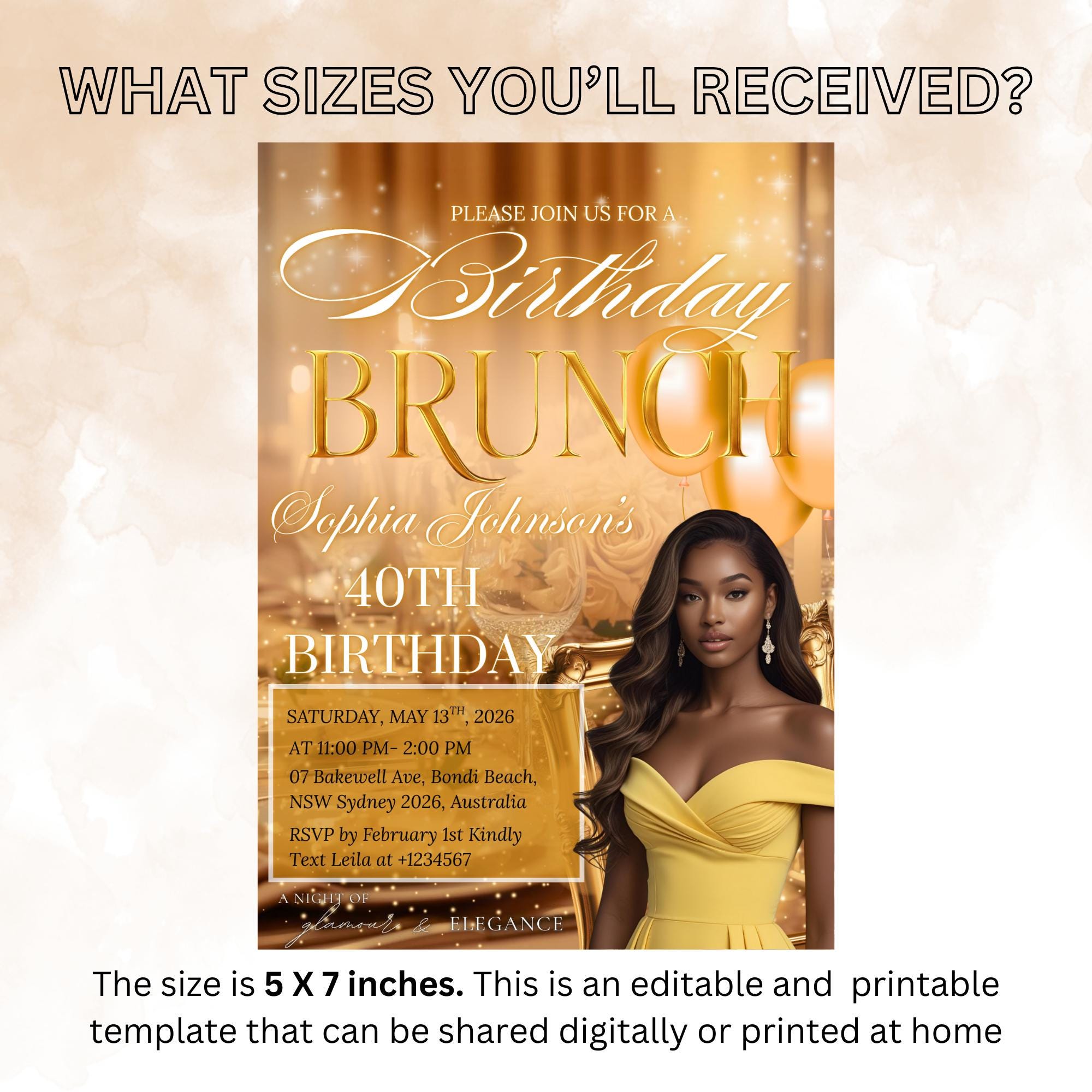 Yellow Gold Birthday Brunch Invitation with photo, Brunch and Bubbly invite, Woman Elegant Party invite,  Retirement Brunch Flyer Template