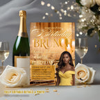 Yellow Gold Birthday Brunch Invitation with photo, Brunch and Bubbly invite, Woman Elegant Party invite,  Retirement Brunch Flyer Template