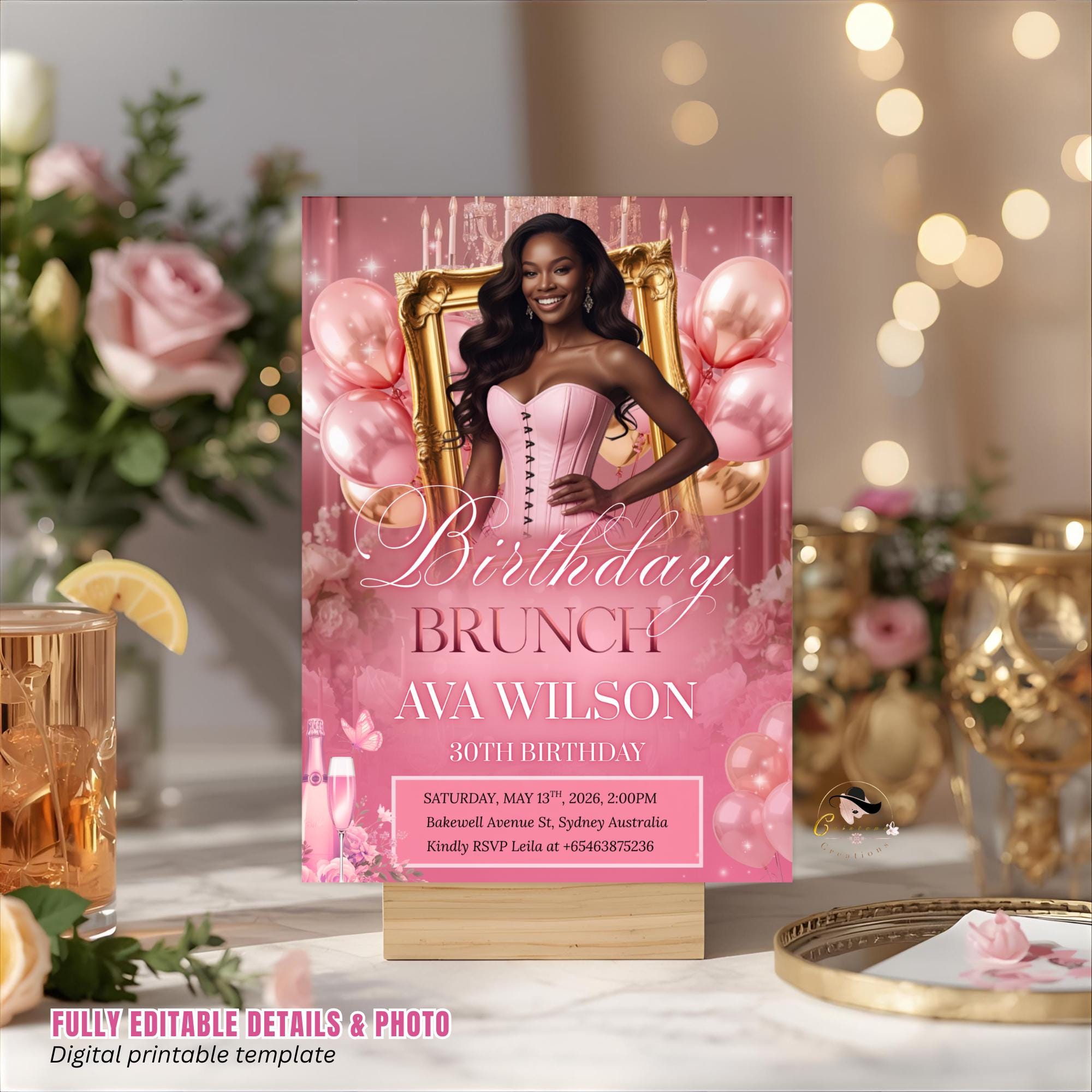 Pink Birthday Brunch Invitation with photo, Floral Brunch and Bubbly invite, Woman Elegant Party invite, Retirement Brunch Flyer Template