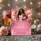 Pink Birthday Brunch Invitation with photo, Floral Brunch and Bubbly invite, Woman Elegant Party invite, Retirement Brunch Flyer Template