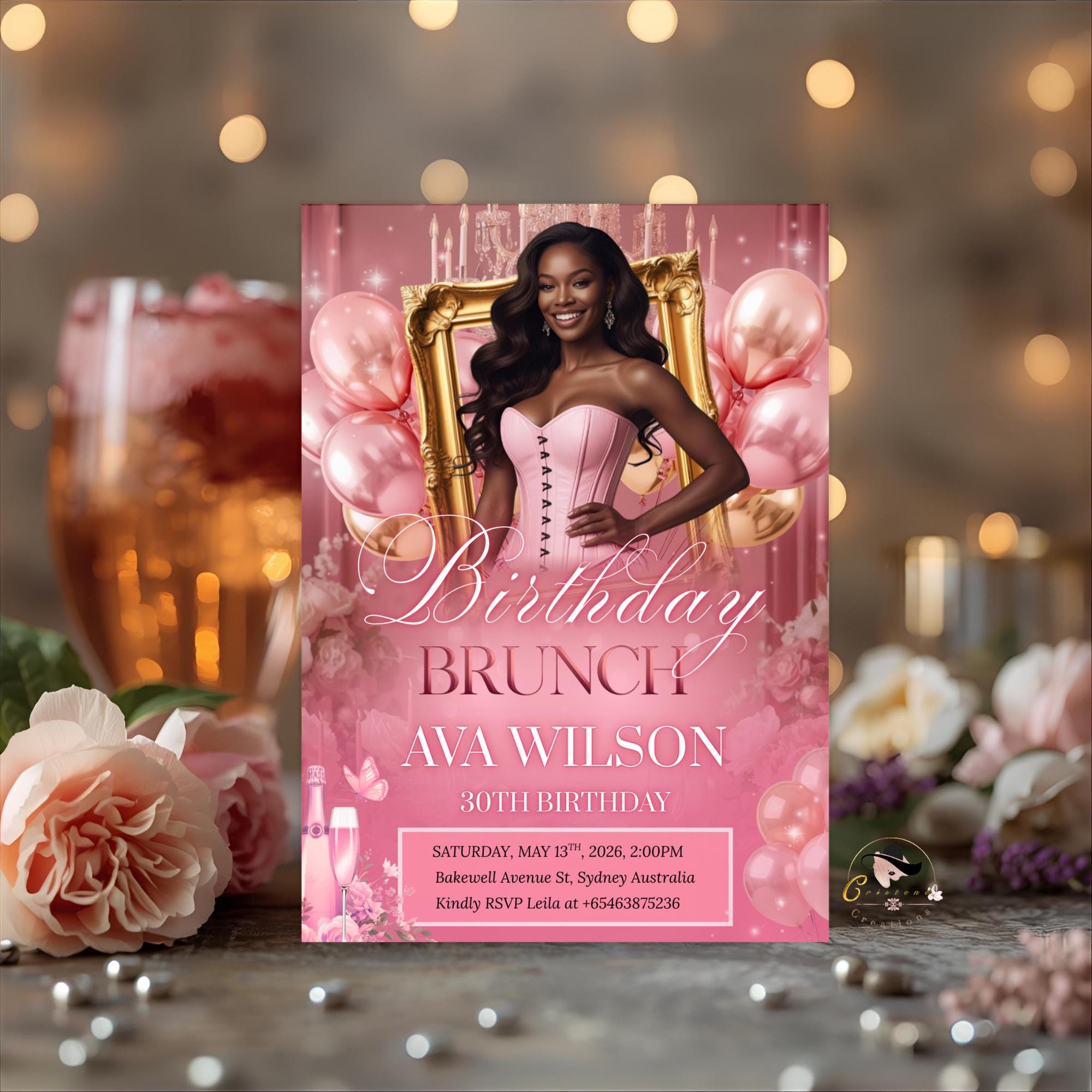 Pink Birthday Brunch Invitation with photo, Floral Brunch and Bubbly invite, Woman Elegant Party invite, Retirement Brunch Flyer Template