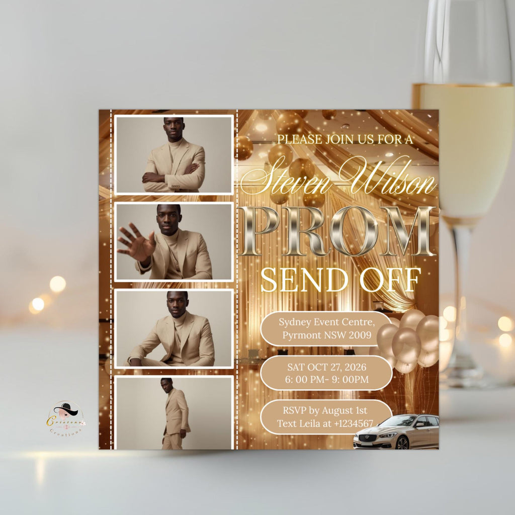 Beige Prom Send Off Invitation with photo, Teen Boy Prom Night invite, Editable Senior Ball Party and Junior Prom Hollywood Flyer Template