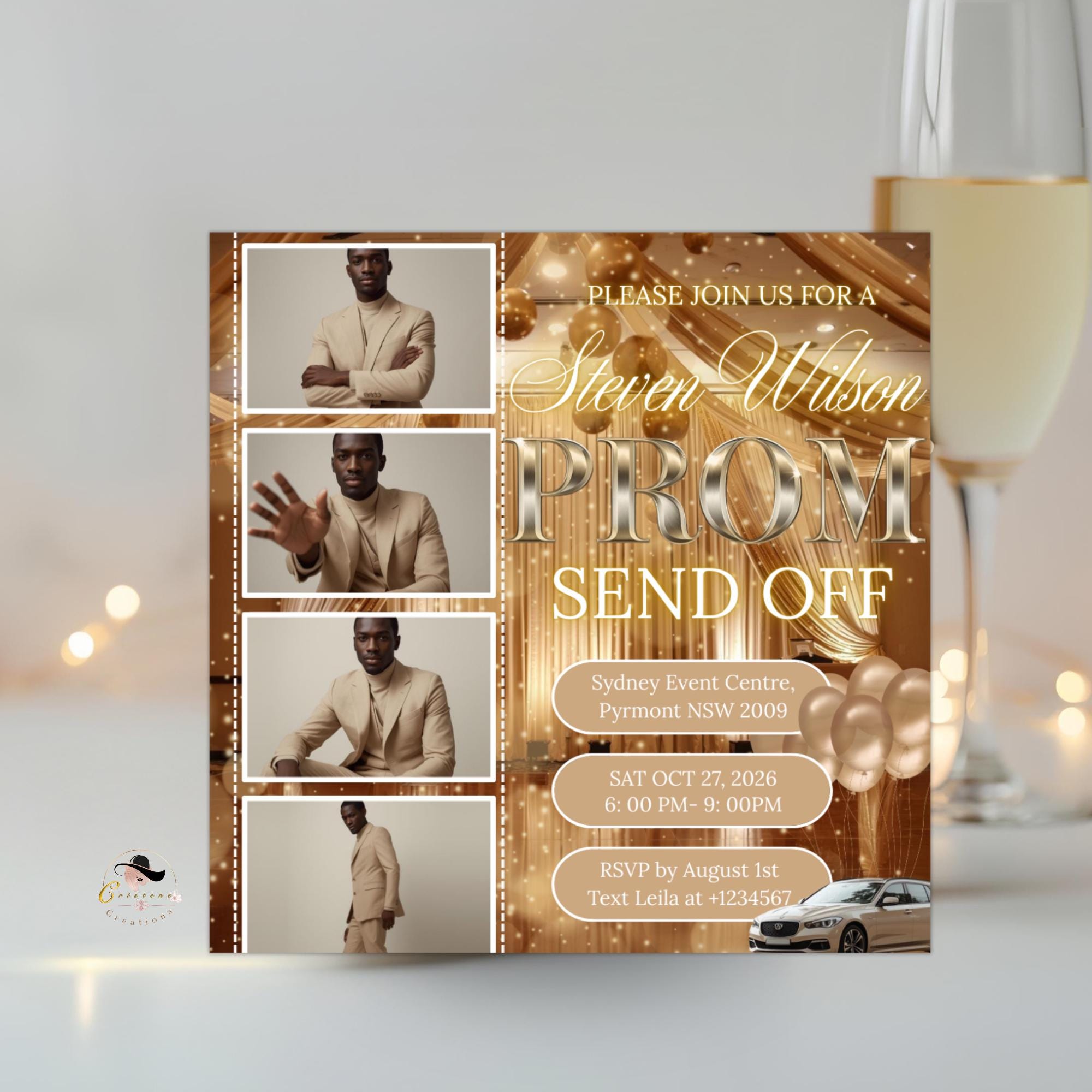 Beige Prom Send Off Invitation with photo, Teen Boy Prom Night invite, Editable Senior Ball Party and Junior Prom Hollywood Flyer Template