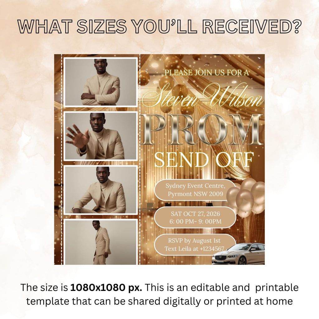 Beige Prom Send Off Invitation with photo, Teen Boy Prom Night invite, Editable Senior Ball Party and Junior Prom Hollywood Flyer Template
