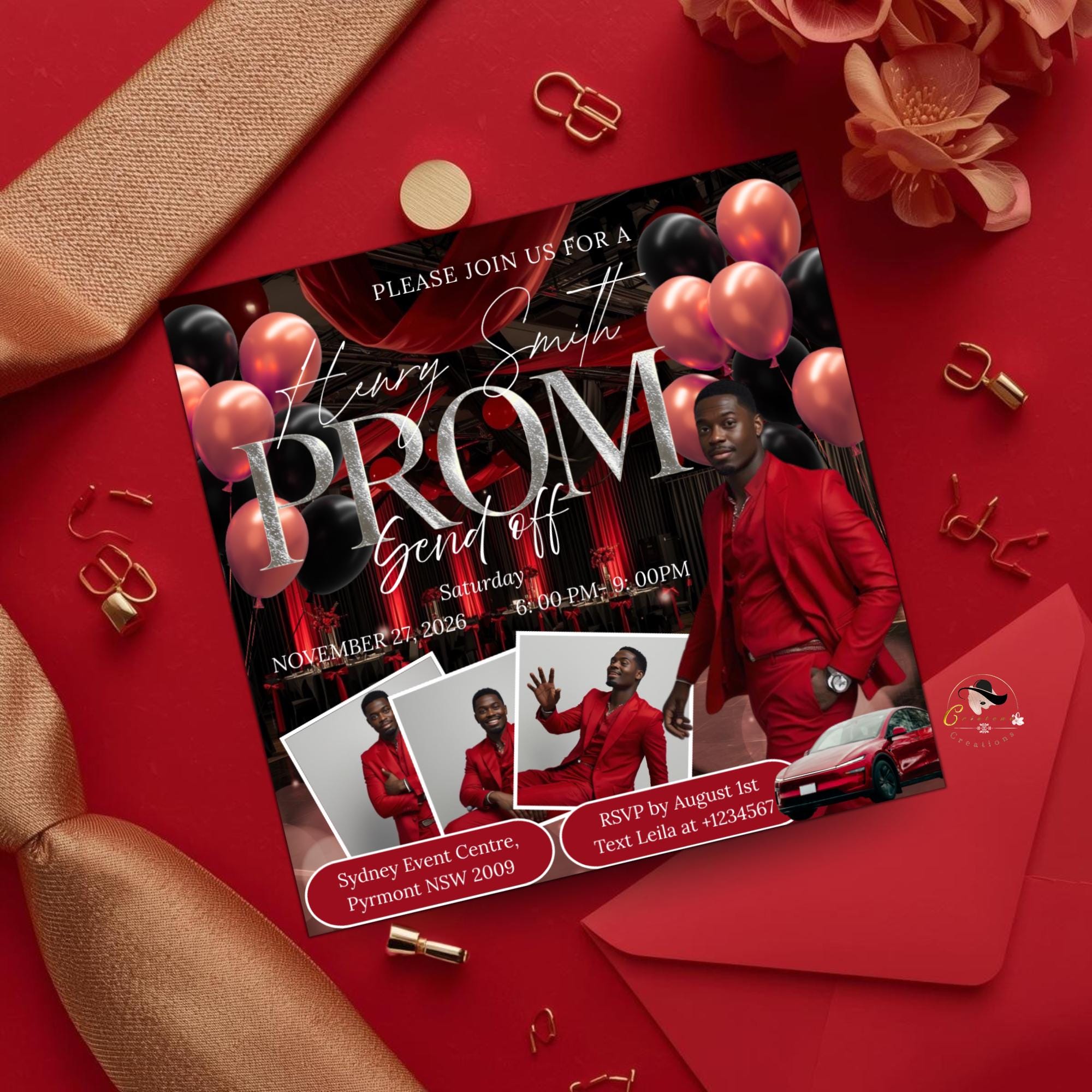 Black Red Prom Send Off Invitation with photo, Men Prom Night invite, Editable Senior Ball Party and Junior Prom Red Carpet Flyer Template