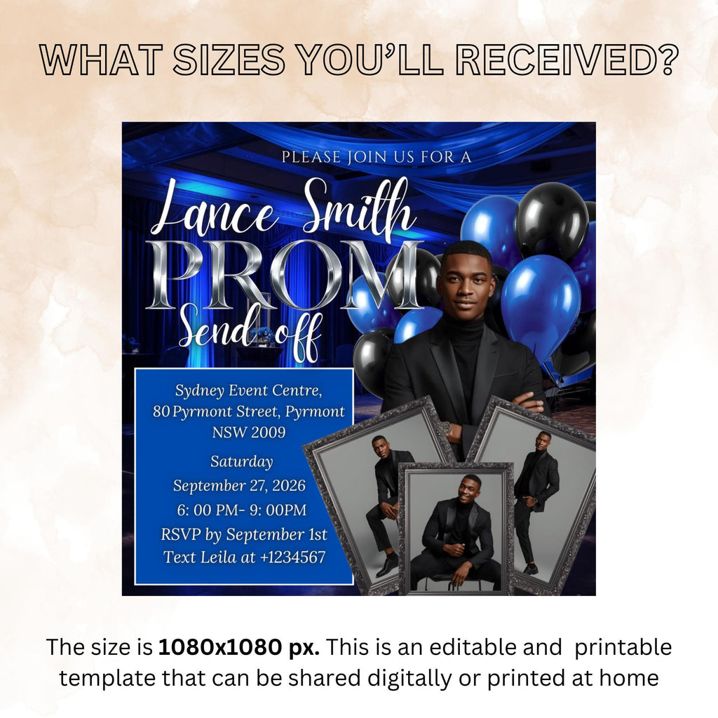 Blue Prom Send Off Invitation with photo, Men Prom Night invite, Editable Senior Ball Party and Male Junior Prom Red Carpet Flyer Template