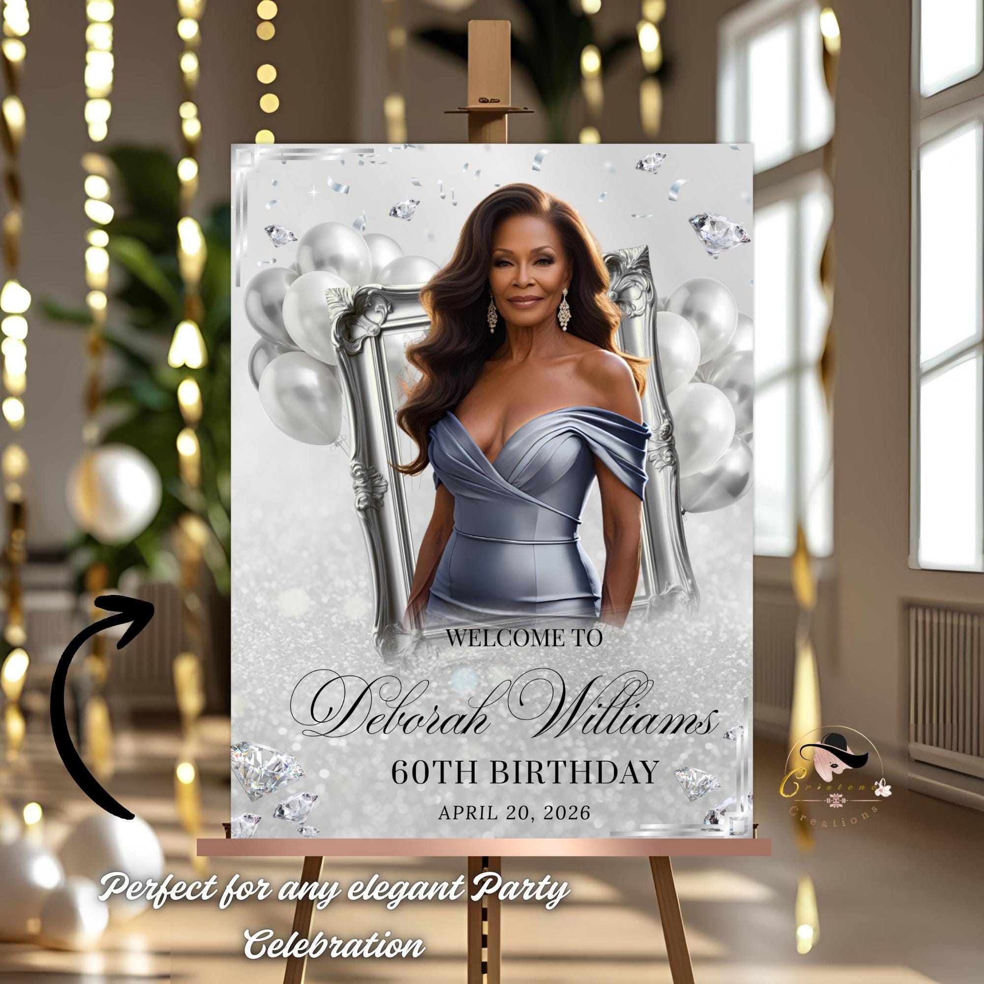 White Silver Birthday Dinner Welcome Sign, Retirement Party Sign with photo, Elegant Entry Sign, Diamond Theme Poster Sign Board Template