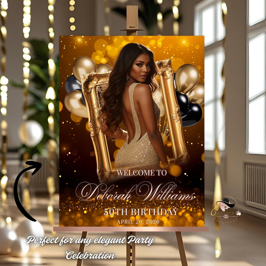 Black Gold Birthday Dinner Welcome Sign, Retirement Party Sign with photo, Elegant Entry Sign, Men and Woman Poster Sign Board Template