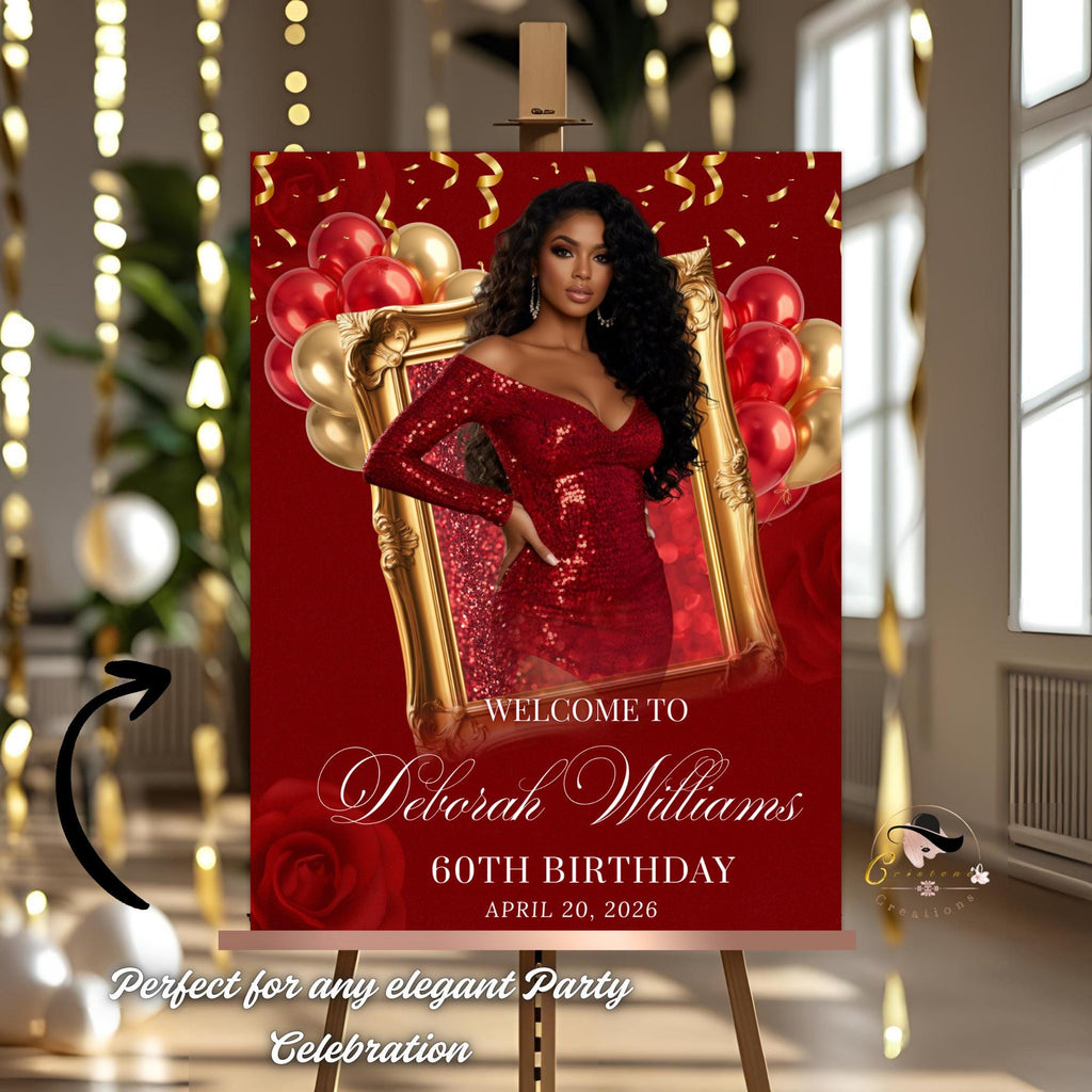 Red Gold Birthday Dinner Welcome Sign, Retirement Party Sign with photo, Elegant Woman Entry Sign, Roses Brunch Poster Sign Board Template