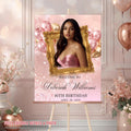 Pink Birthday Welcome Party Sign, Sweet 16 Sign with photo, Elegant Woman Dinner Entry Sign Quinceañera Poster Sign Board Printable Template
