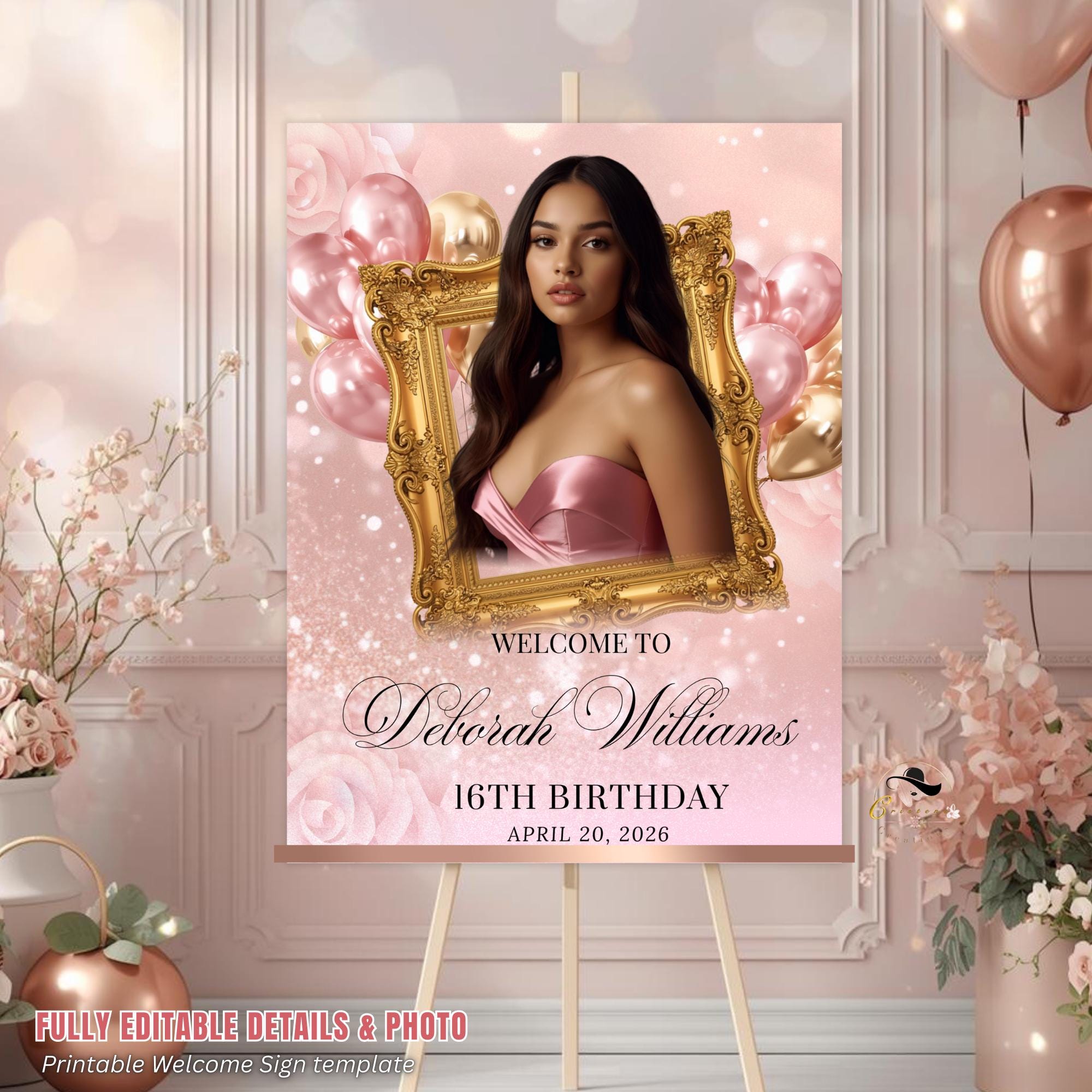 Pink Birthday Welcome Party Sign, Sweet 16 Sign with photo, Elegant Woman Dinner Entry Sign Quinceañera Poster Sign Board Printable Template
