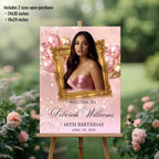Pink Birthday Welcome Party Sign, Sweet 16 Sign with photo, Elegant Woman Dinner Entry Sign Quinceañera Poster Sign Board Printable Template
