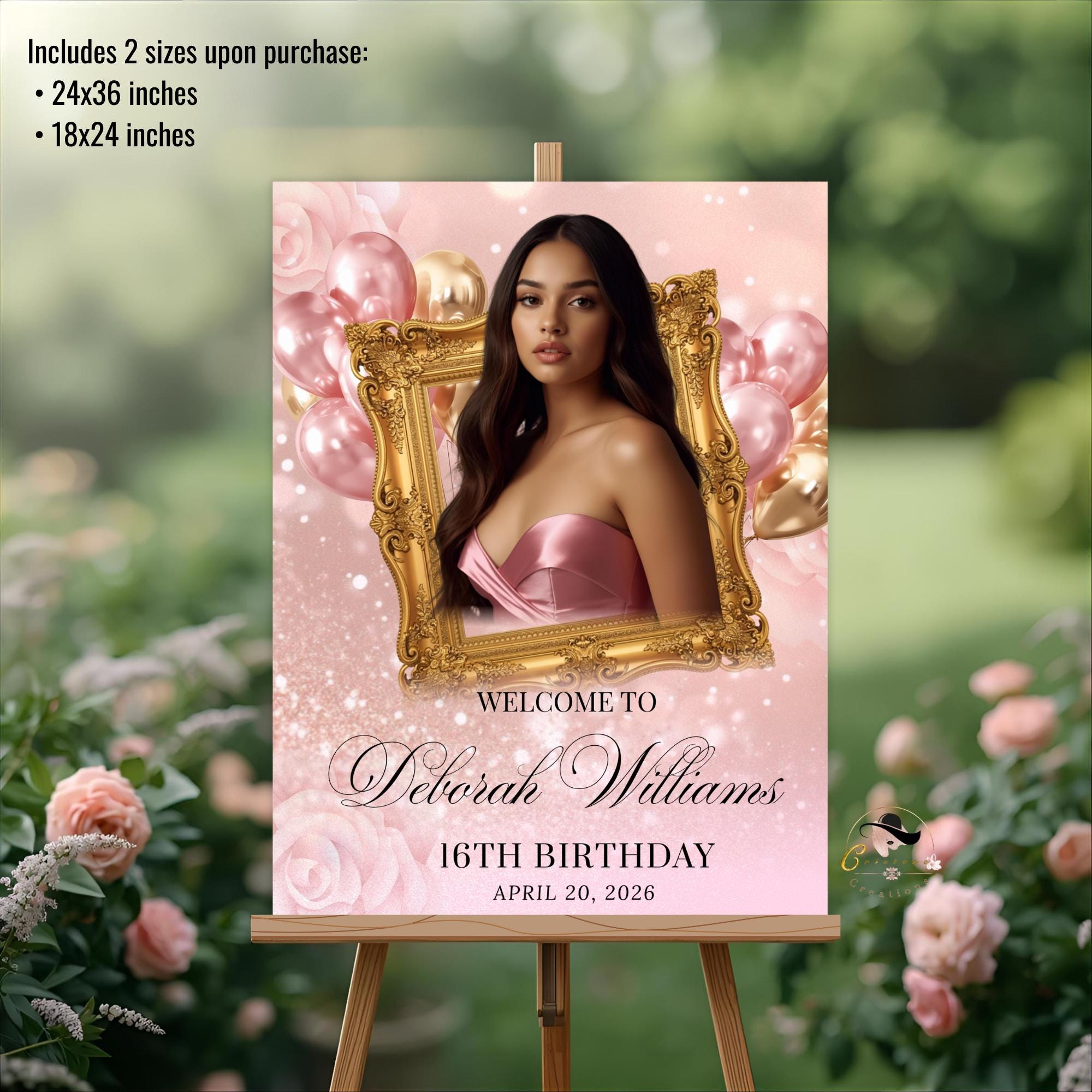 Pink Birthday Welcome Party Sign, Sweet 16 Sign with photo, Elegant Woman Dinner Entry Sign Quinceañera Poster Sign Board Printable Template
