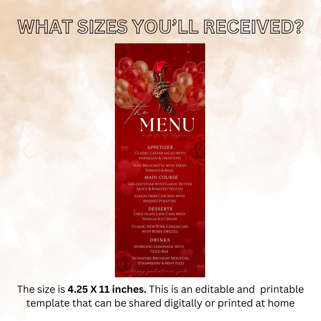 Red Galentines Dinner Menu, Valentines Day Brunch Menu Card, Elegant Party Menu, Roses Ladies Night Custom Cheetah Menu Printable Template