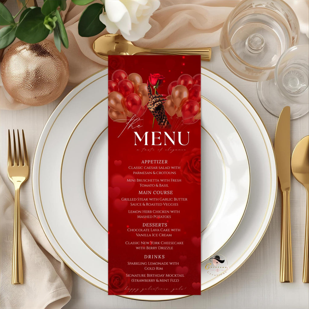 Red Galentines Dinner Menu, Valentines Day Brunch Menu Card, Elegant Party Menu, Roses Ladies Night Custom Cheetah Menu Printable Template
