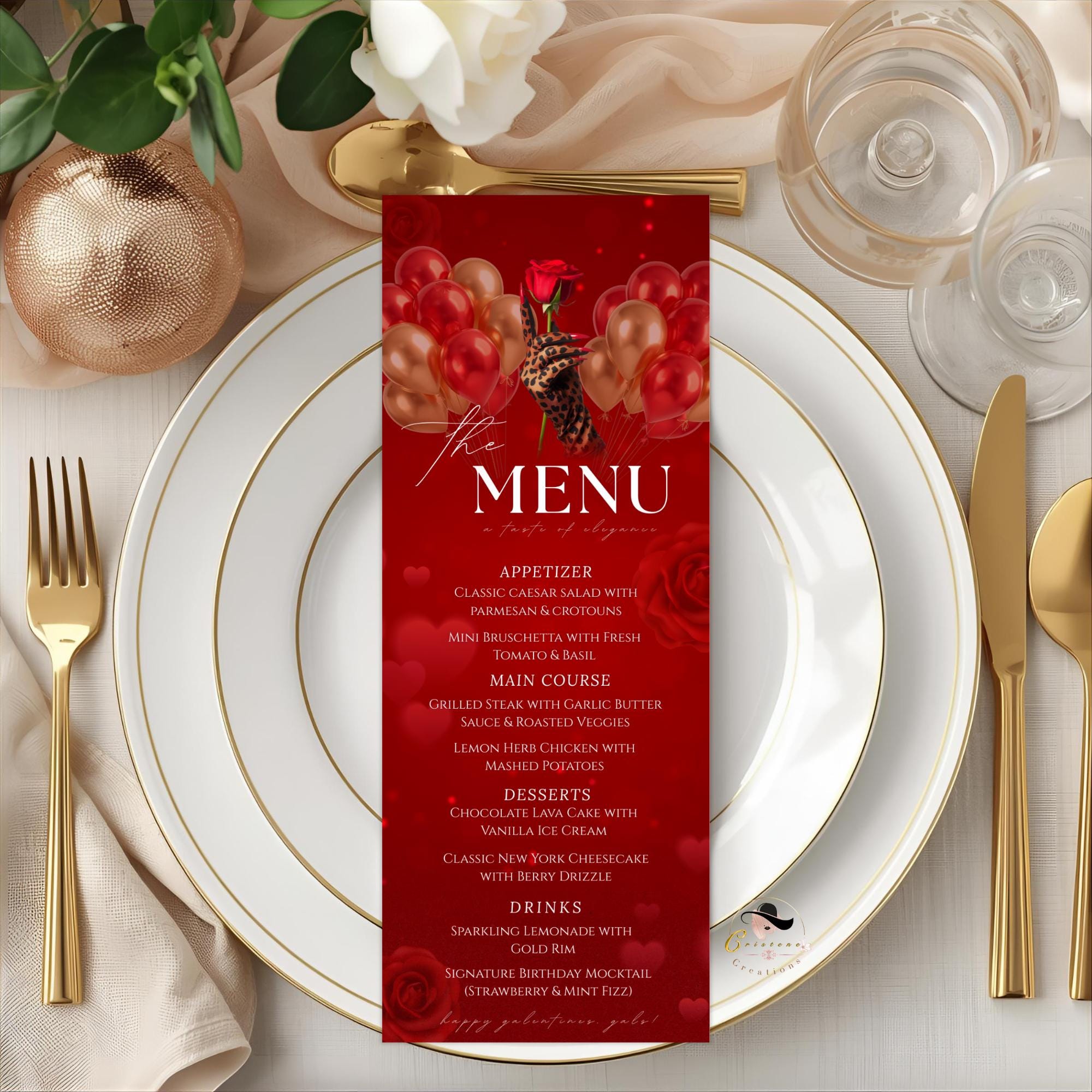 Red Galentines Dinner Menu, Valentines Day Brunch Menu Card, Elegant Party Menu, Roses Ladies Night Custom Cheetah Menu Printable Template