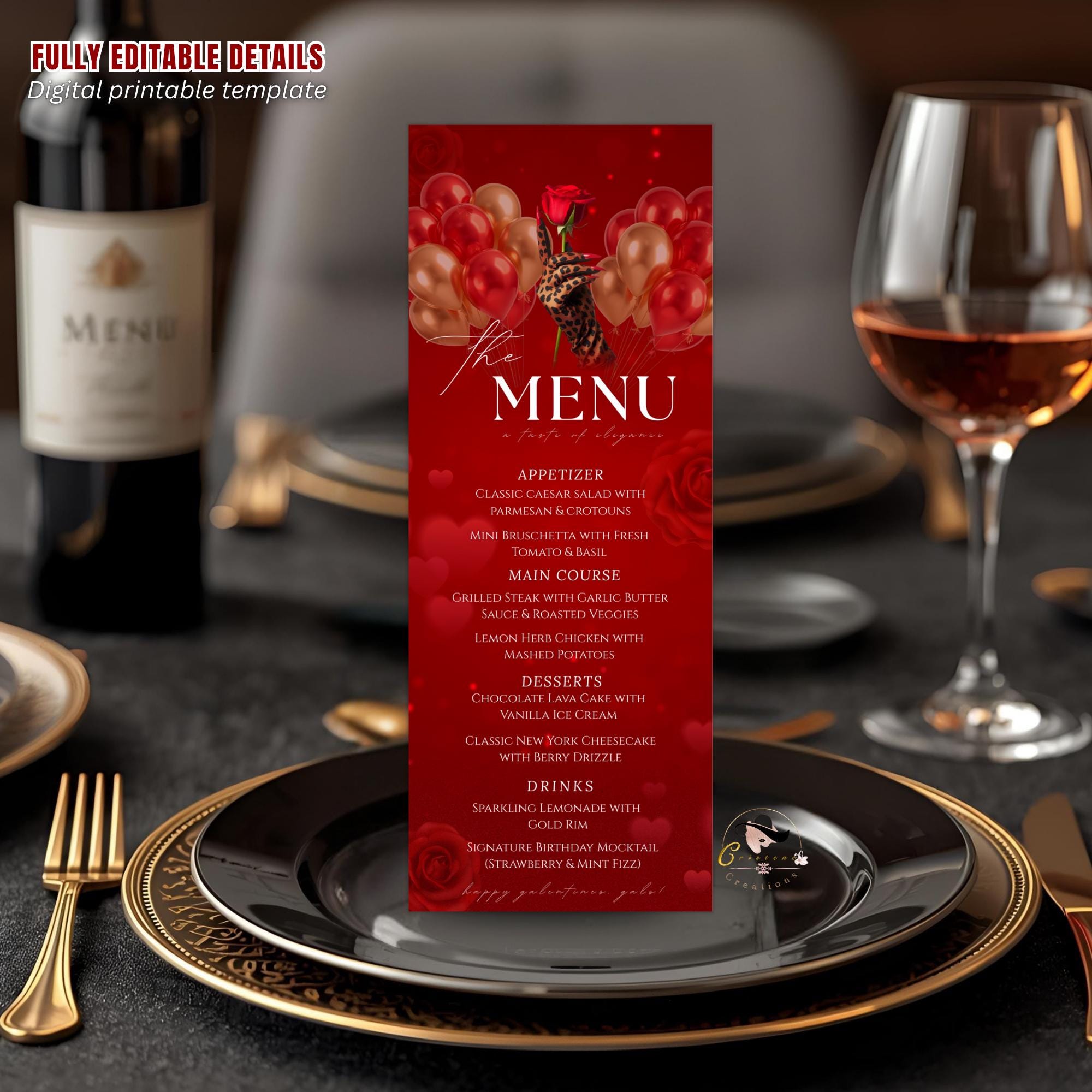 Red Galentines Dinner Menu, Valentines Day Brunch Menu Card, Elegant Party Menu, Roses Ladies Night Custom Cheetah Menu Printable Template