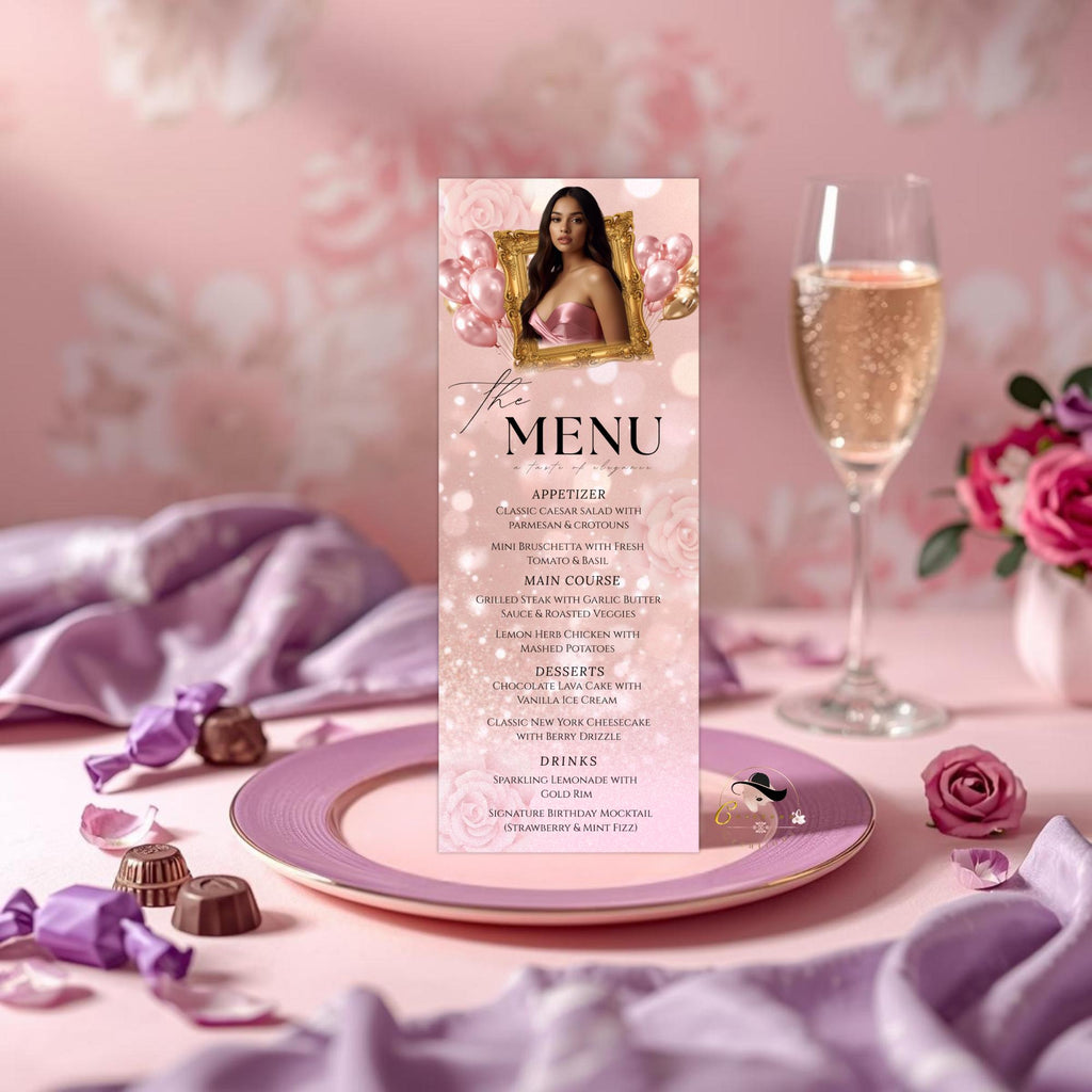Pink Birthday Dinner Menu, Sweet 16 Party Menu with photo, Elegant Retirement Menu Card, Quinceañera Menu Template, Printable Food Menu