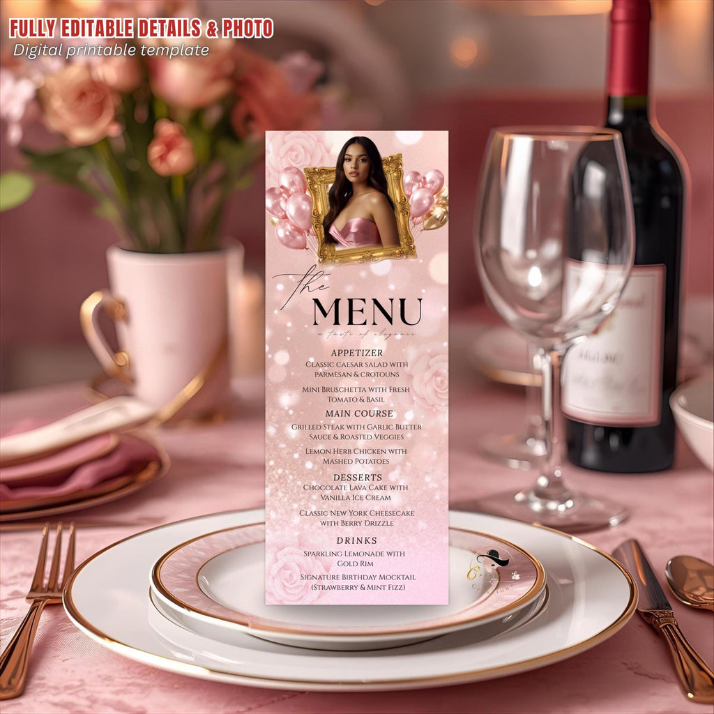 Pink Birthday Dinner Menu, Sweet 16 Party Menu with photo, Elegant Retirement Menu Card, Quinceañera Menu Template, Printable Food Menu