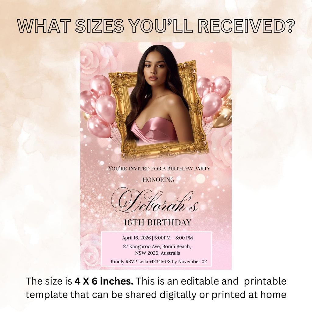 Pink Birthday Party Invitation, Rose Gold Sweet 16 Birthday with photo invite, Quinceañera invite, Elegant Woman Dinner and Brunch Template