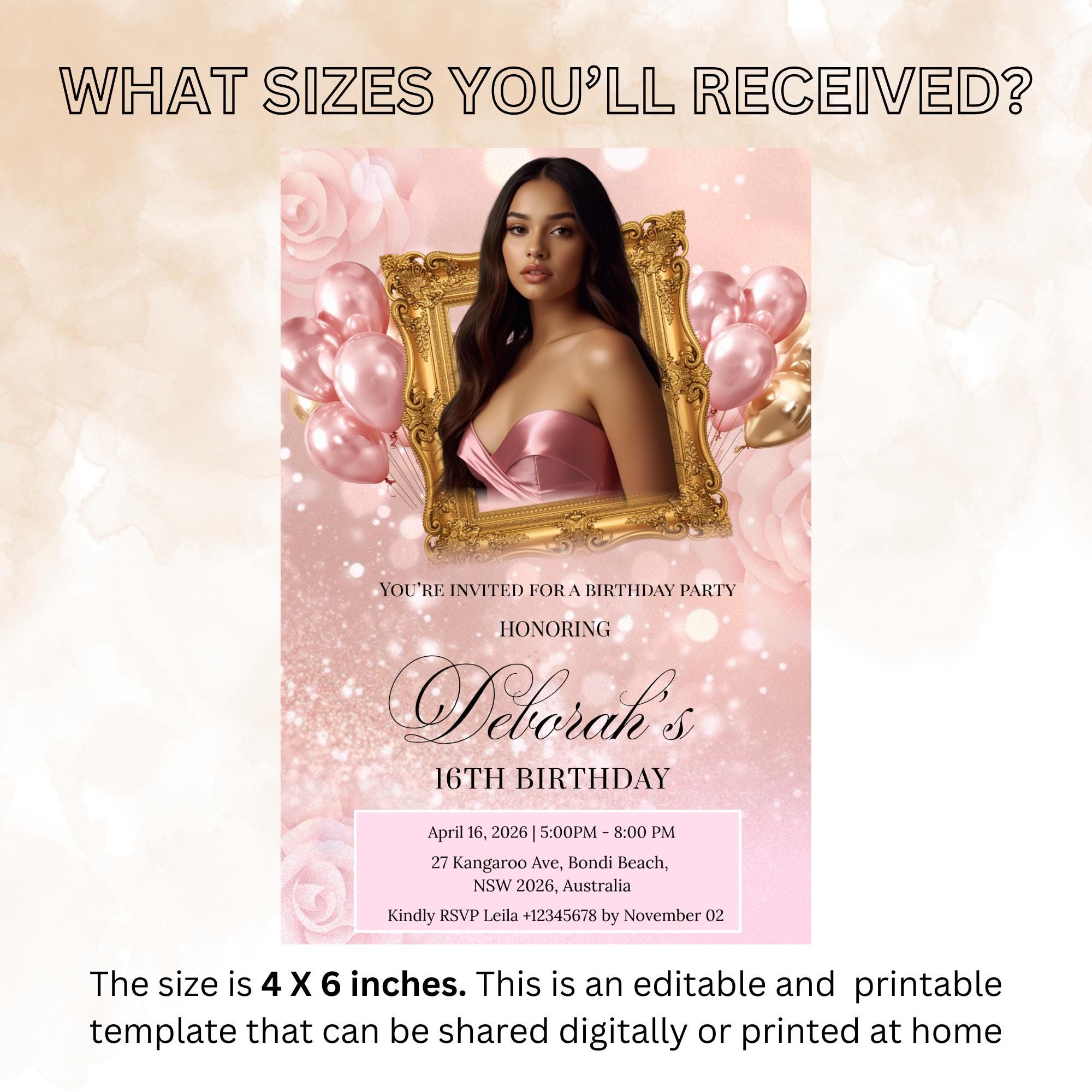 Pink Birthday Party Invitation, Rose Gold Sweet 16 Birthday with photo invite, Quinceañera invite, Elegant Woman Dinner and Brunch Template