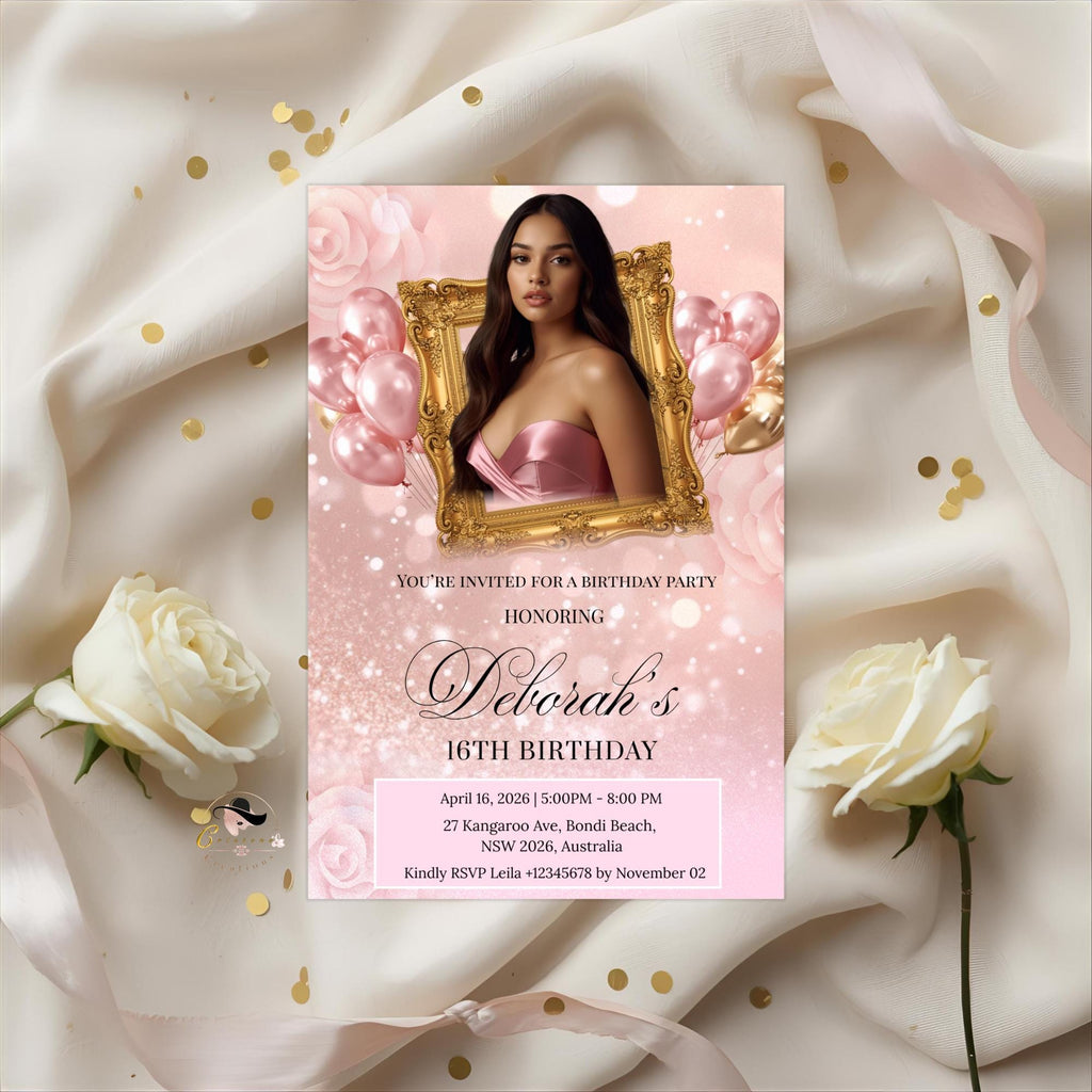 Pink Birthday Party Invitation, Rose Gold Sweet 16 Birthday with photo invite, Quinceañera invite, Elegant Woman Dinner and Brunch Template