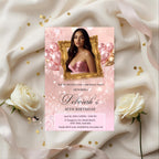 Pink Birthday Party Invitation, Rose Gold Sweet 16 Birthday with photo invite, Quinceañera invite, Elegant Woman Dinner and Brunch Template