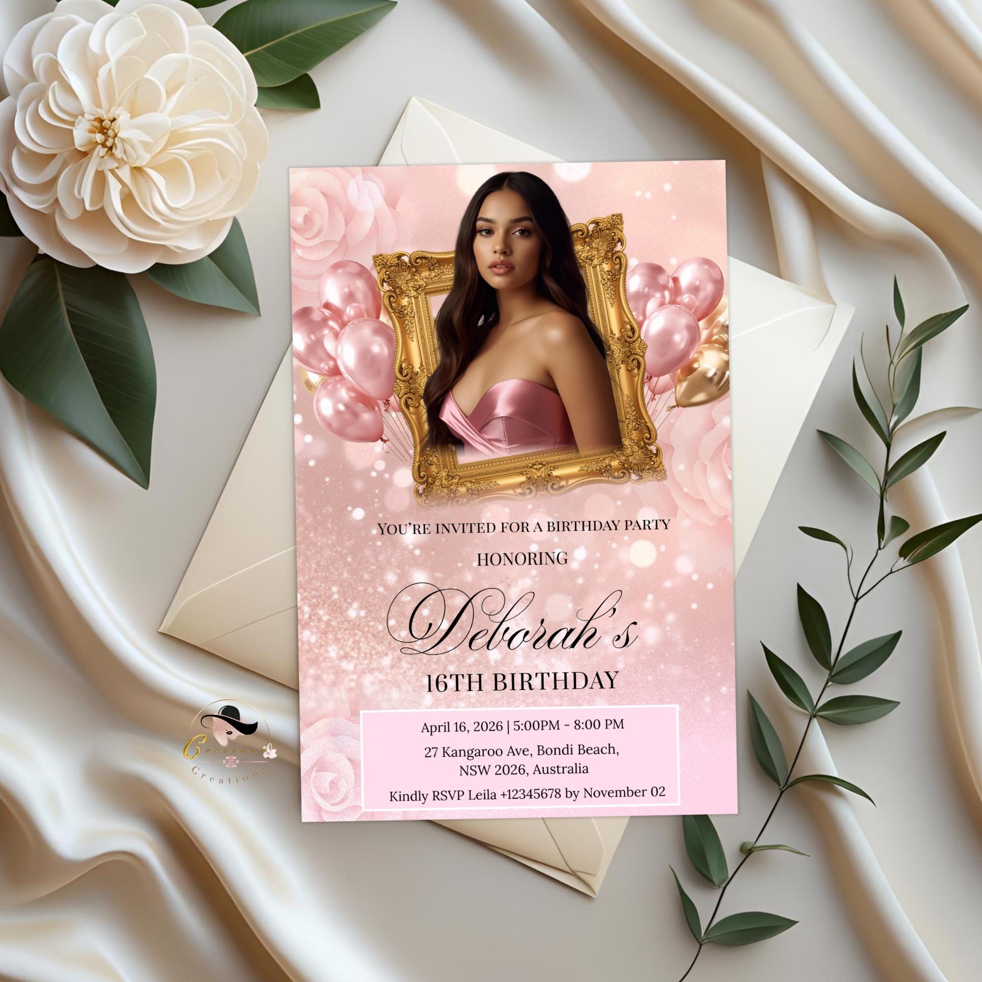 Pink Birthday Party Invitation, Rose Gold Sweet 16 Birthday with photo invite, Quinceañera invite, Elegant Woman Dinner and Brunch Template
