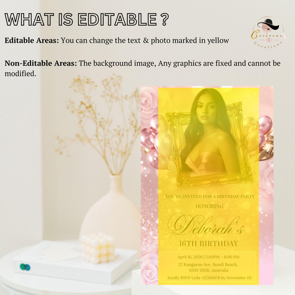 Pink Birthday Party Invitation, Rose Gold Sweet 16 Birthday with photo invite, Quinceañera invite, Elegant Woman Dinner and Brunch Template