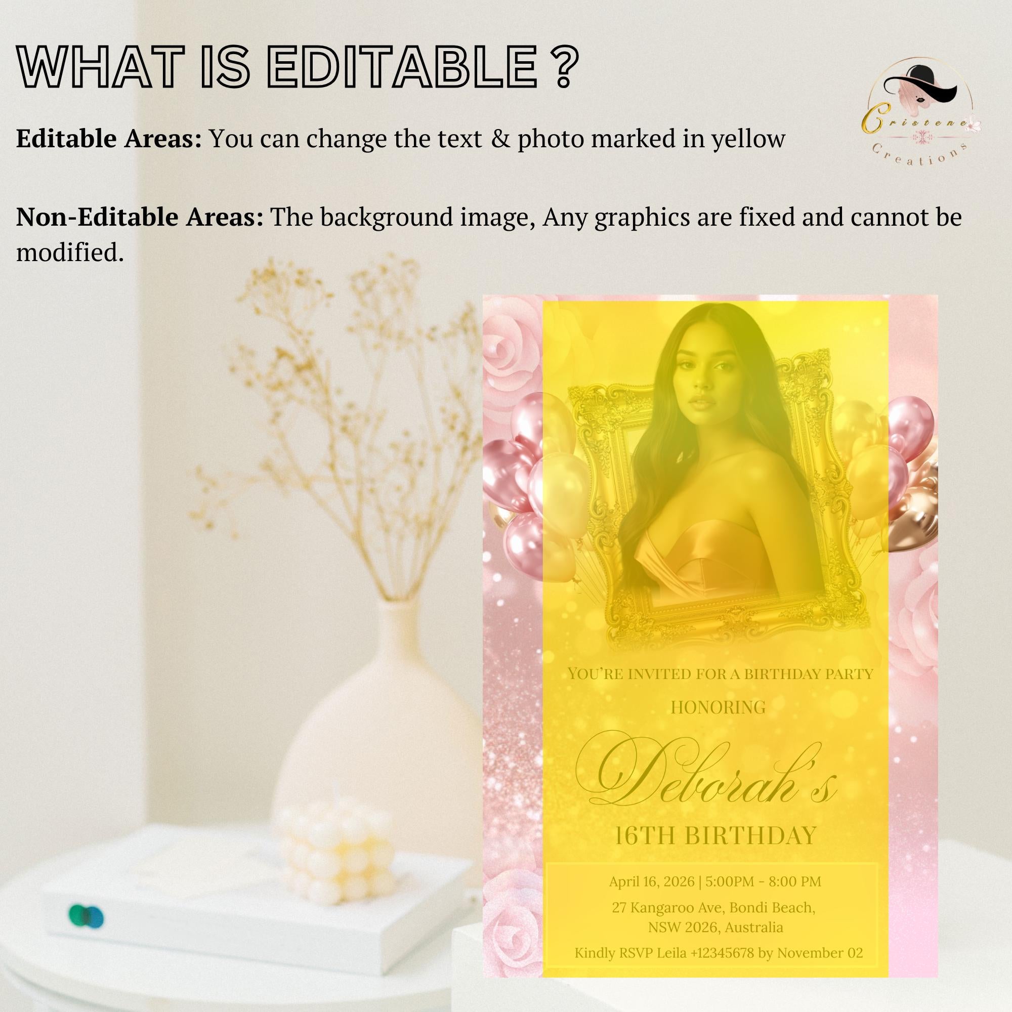 Pink Birthday Party Invitation, Rose Gold Sweet 16 Birthday with photo invite, Quinceañera invite, Elegant Woman Dinner and Brunch Template