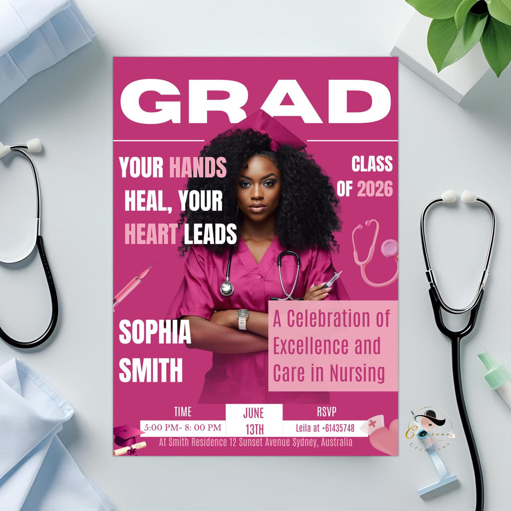 Pink Nurse Graduation Invitation, 2026 RN Pinning Ceremony invite with photo, Medical CNA Nursing Graduate Flyer LPN Magazine Cover Template
