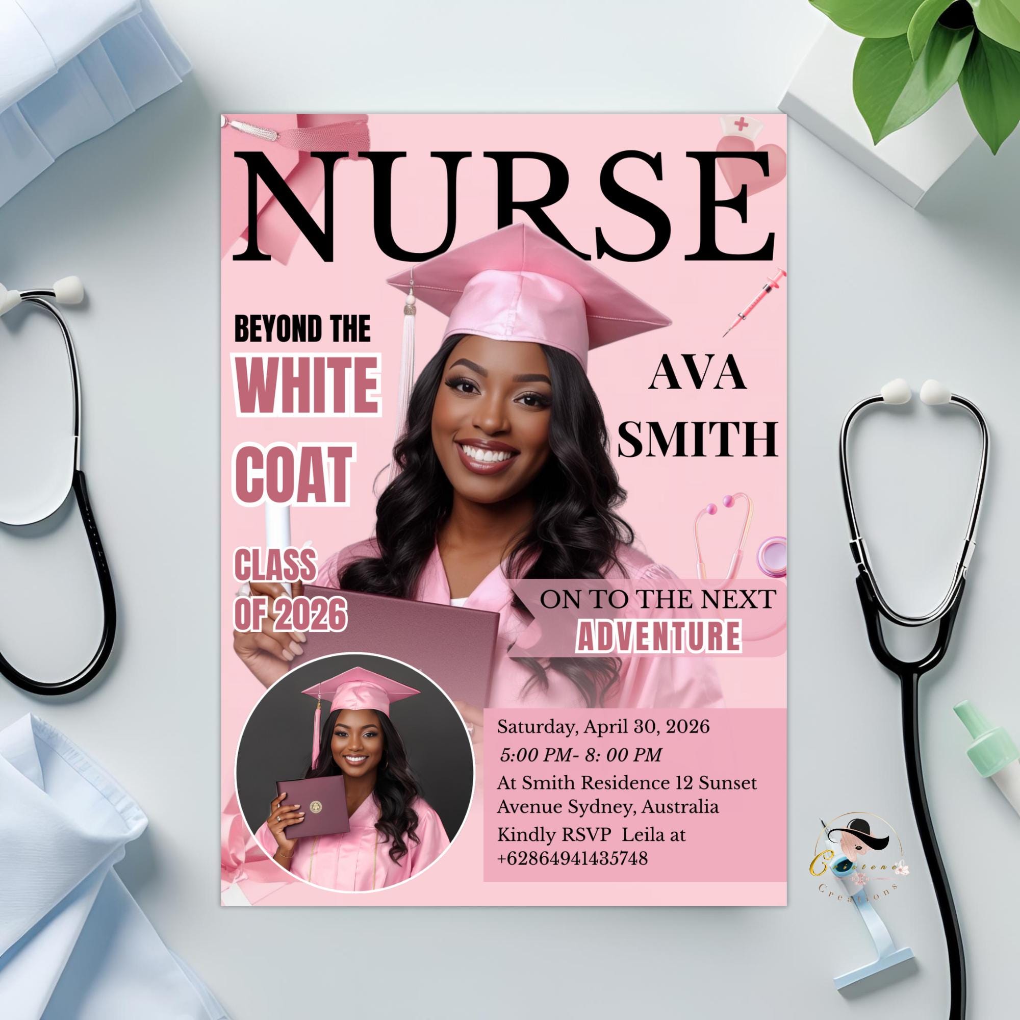 Pink Nurse Graduation Invitation, 2026 RN Pinning Ceremony invite with photo, Medical BSN Nursing Graduate Flyer LPN Magazine Cover Template