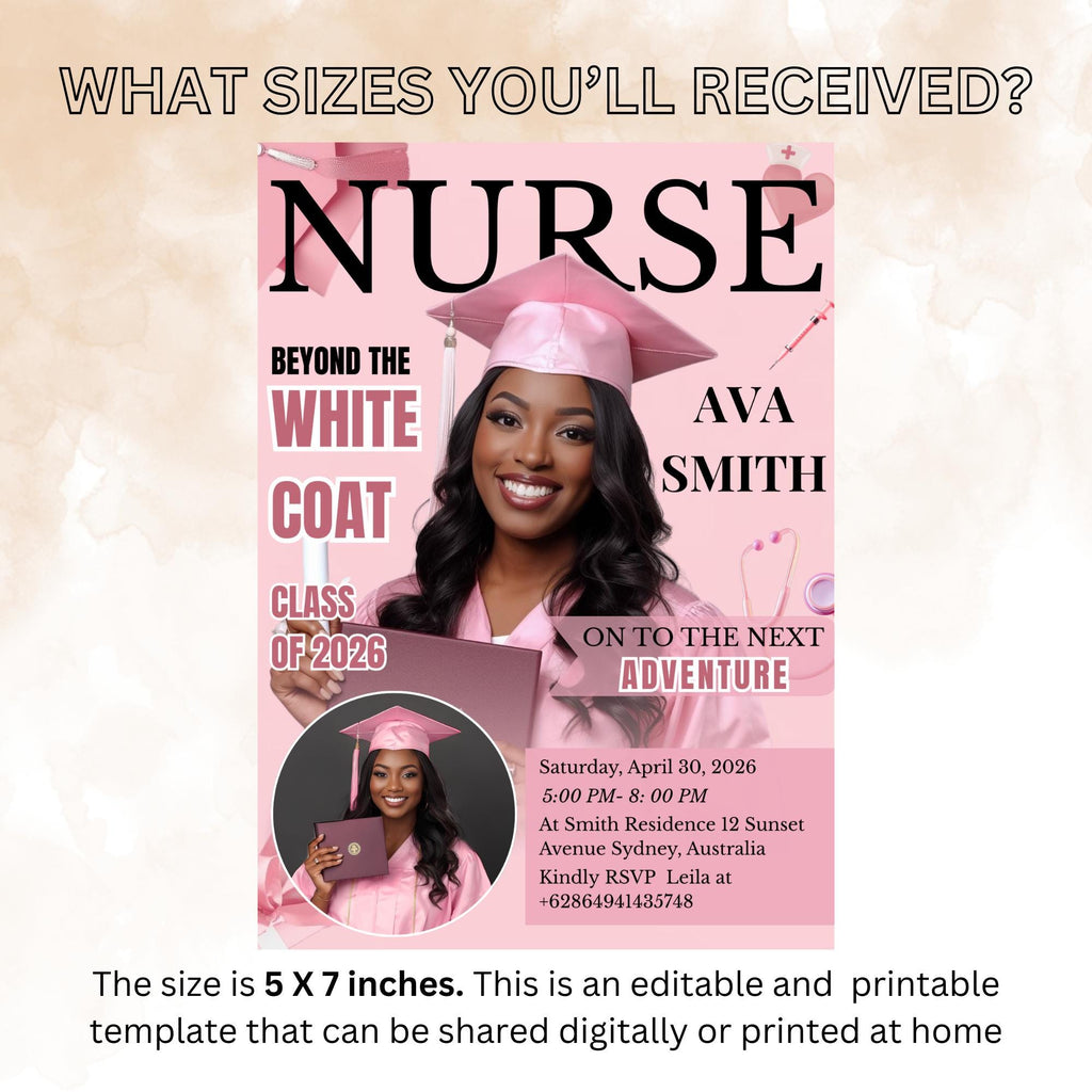 Pink Nurse Graduation Invitation, 2026 RN Pinning Ceremony invite with photo, Medical BSN Nursing Graduate Flyer LPN Magazine Cover Template