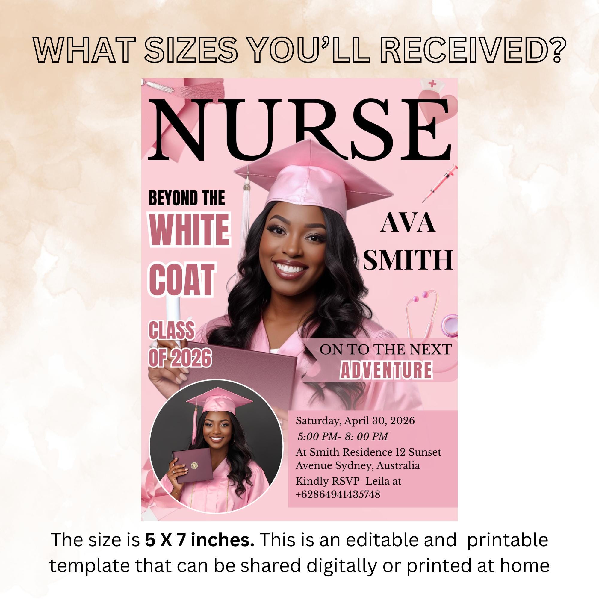 Pink Nurse Graduation Invitation, 2026 RN Pinning Ceremony invite with photo, Medical BSN Nursing Graduate Flyer LPN Magazine Cover Template