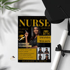 Black Gold Nurse Graduation Invitation RN Pinning Ceremony invite with photo, Medical CNA Nursing Graduate Flyer LPN Magazine Cover Template