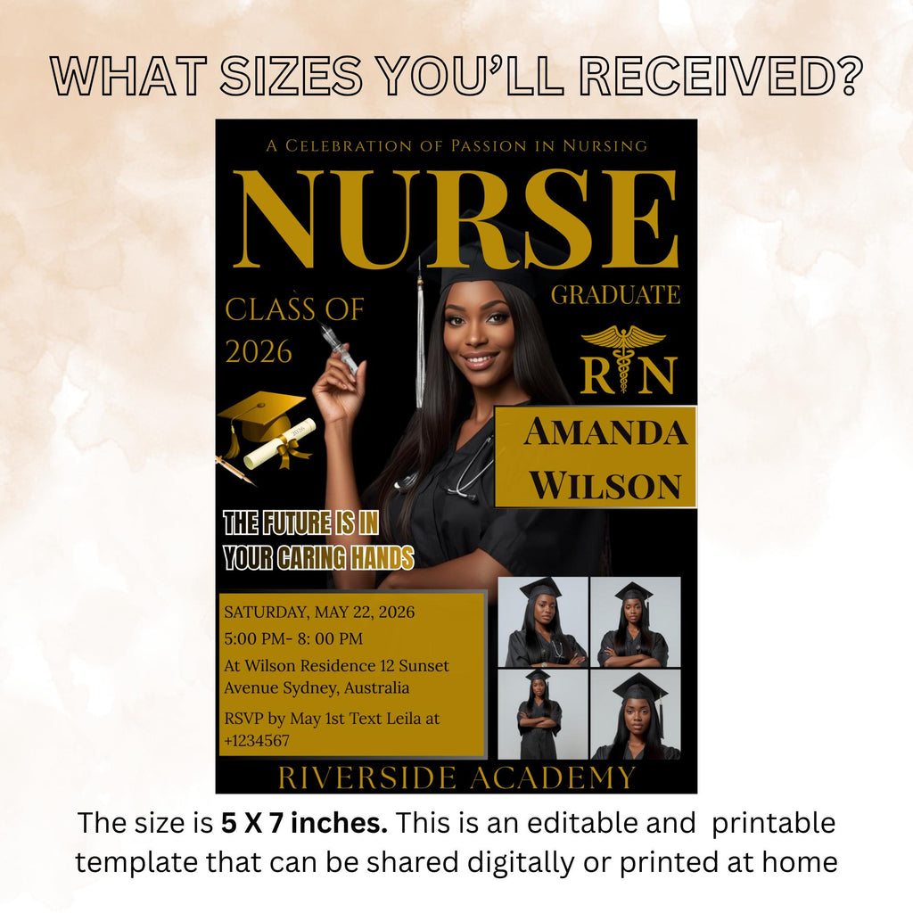 Black Gold Nurse Graduation Invitation RN Pinning Ceremony invite with photo, Medical CNA Nursing Graduate Flyer LPN Magazine Cover Template
