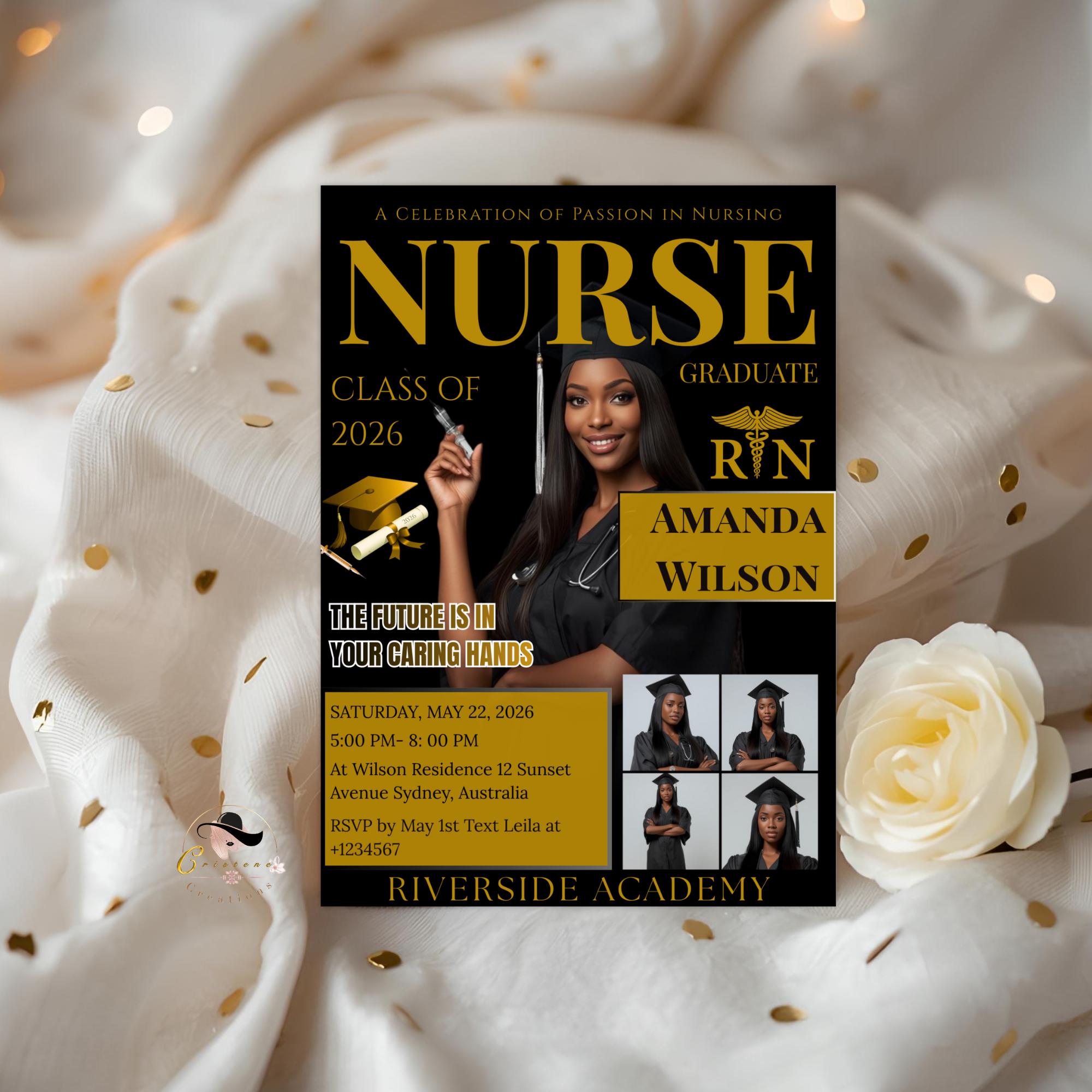 Black Gold Nurse Graduation Invitation RN Pinning Ceremony invite with photo, Medical CNA Nursing Graduate Flyer LPN Magazine Cover Template