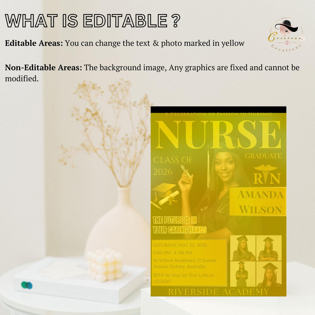 Black Gold Nurse Graduation Invitation RN Pinning Ceremony invite with photo, Medical CNA Nursing Graduate Flyer LPN Magazine Cover Template