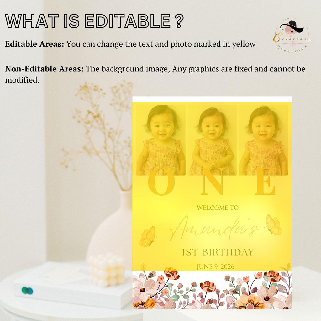 Wildflower 1st Birthday Welcome Party Sign, Floral Poster Sign with photo, Flower Butterfly theme Board Sign First Birthday Sign Template