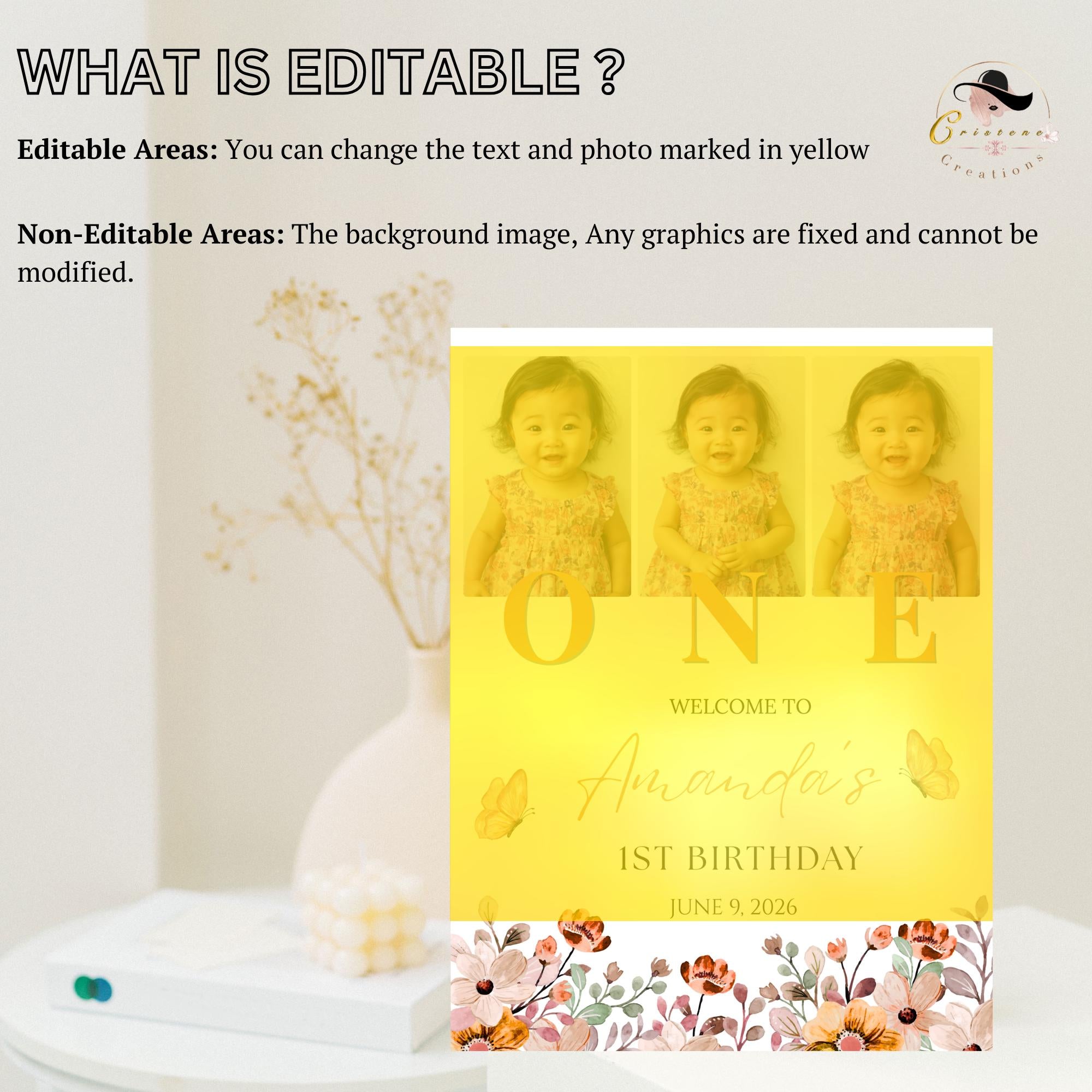 Wildflower 1st Birthday Welcome Party Sign, Floral Poster Sign with photo, Flower Butterfly theme Board Sign First Birthday Sign Template