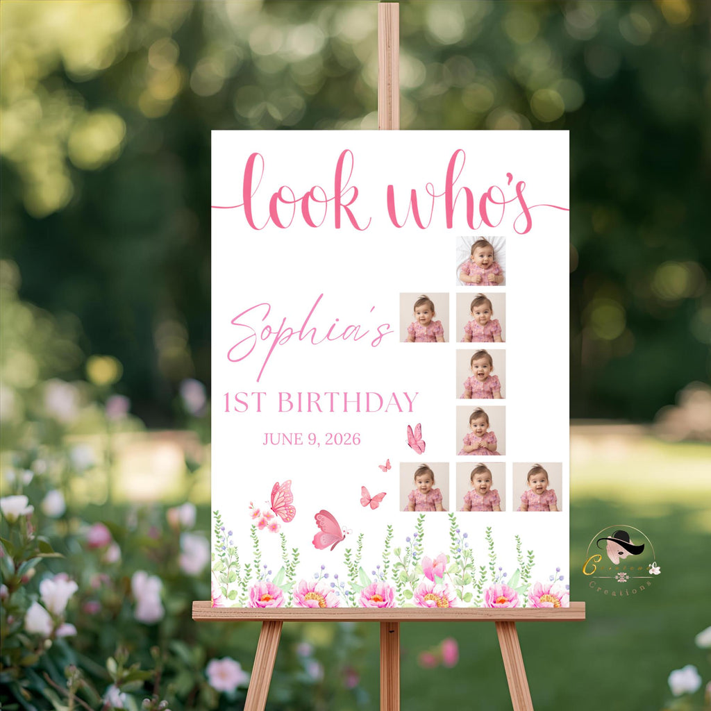 Wildflower 1st Birthday Welcome Party Sign with photo, Floral Poster Sign, Flower Butterfly theme Board Sign, First Birthday Sign Template