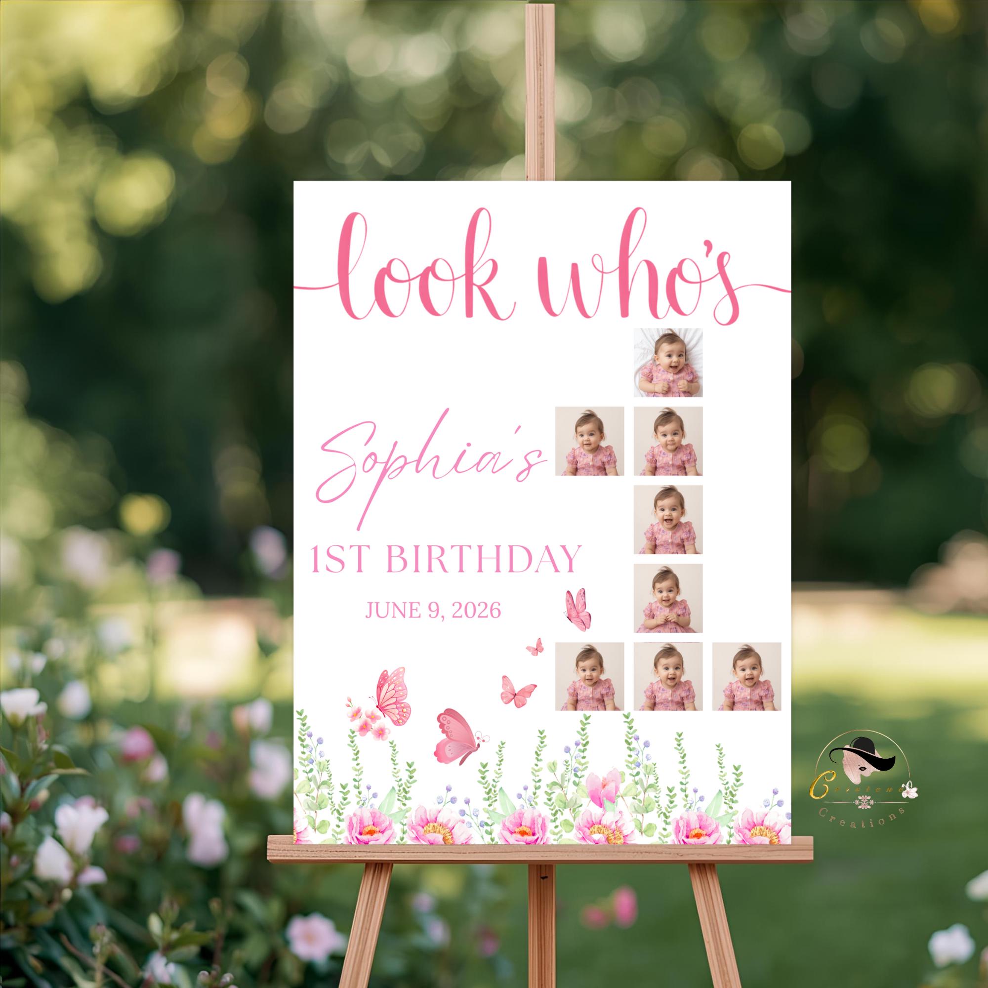 Wildflower 1st Birthday Welcome Party Sign with photo, Floral Poster Sign, Flower Butterfly theme Board Sign, First Birthday Sign Template