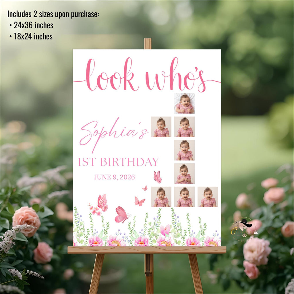 Wildflower 1st Birthday Welcome Party Sign with photo, Floral Poster Sign, Flower Butterfly theme Board Sign, First Birthday Sign Template