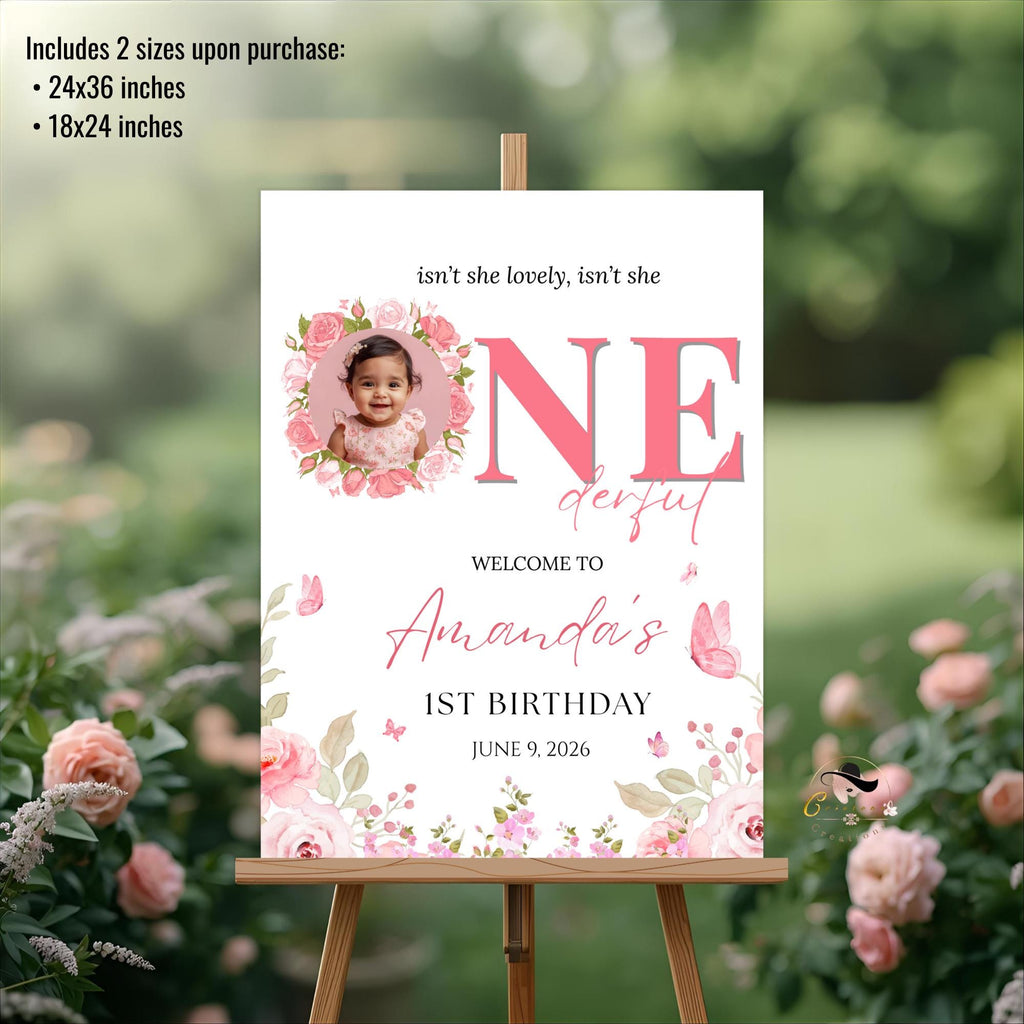 Onederful 1st Birthday Welcome Party Sign, Wildflower Poster Sign with photo, Flower Butterfly theme Board Sign First Birthday Sign Template