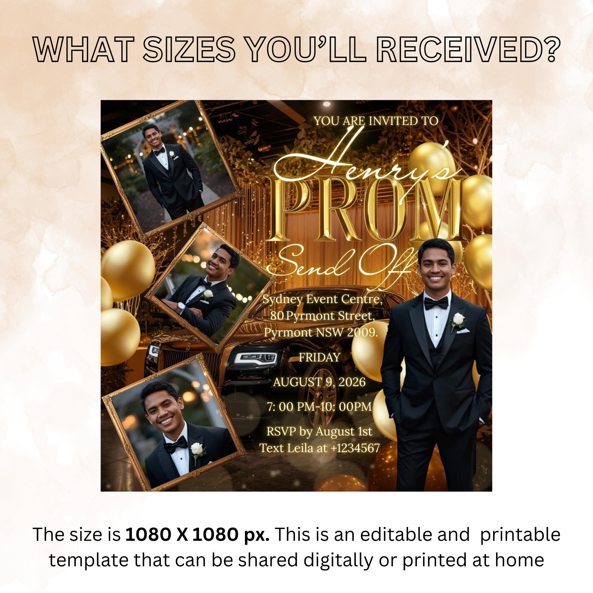 Black gold Prom Send Off Party Invitation, Men Prom Night with photo invite, Editable Senior Ball and Junior Prom Hollywood Theme Template