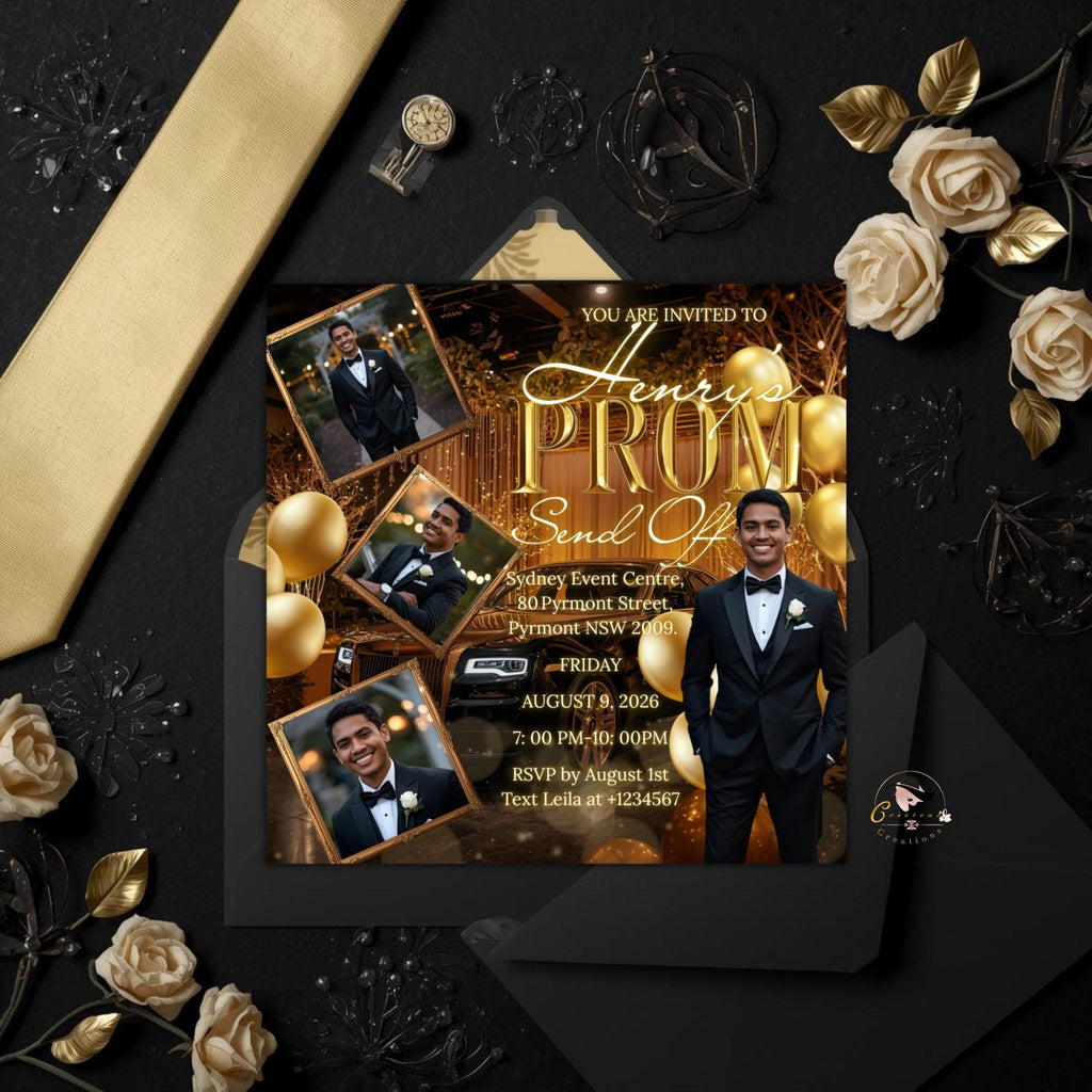 Black gold Prom Send Off Party Invitation, Men Prom Night with photo invite, Editable Senior Ball and Junior Prom Hollywood Theme Template