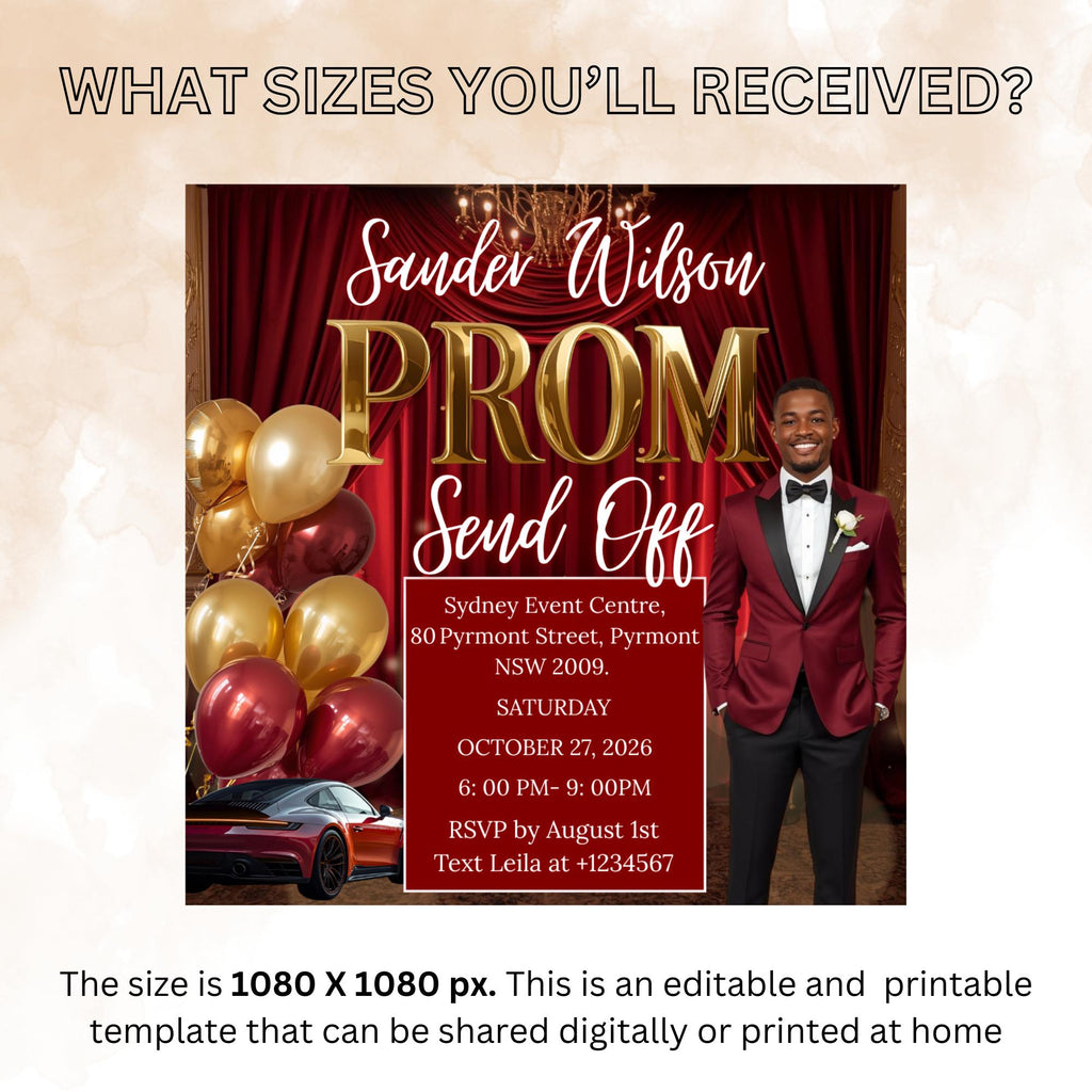 Red Prom Send Off Party Invitation, Teen Boy Prom Night with photo invite, Editable Senior Ball and Junior Prom Hollywood Flyer Template