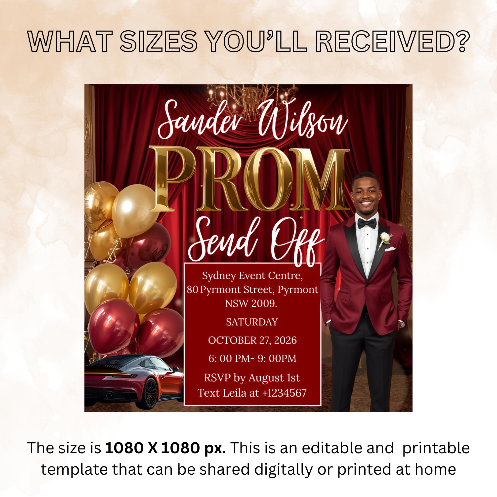 Red Prom Send Off Party Invitation, Teen Boy Prom Night with photo invite, Editable Senior Ball and Junior Prom Hollywood Flyer Template